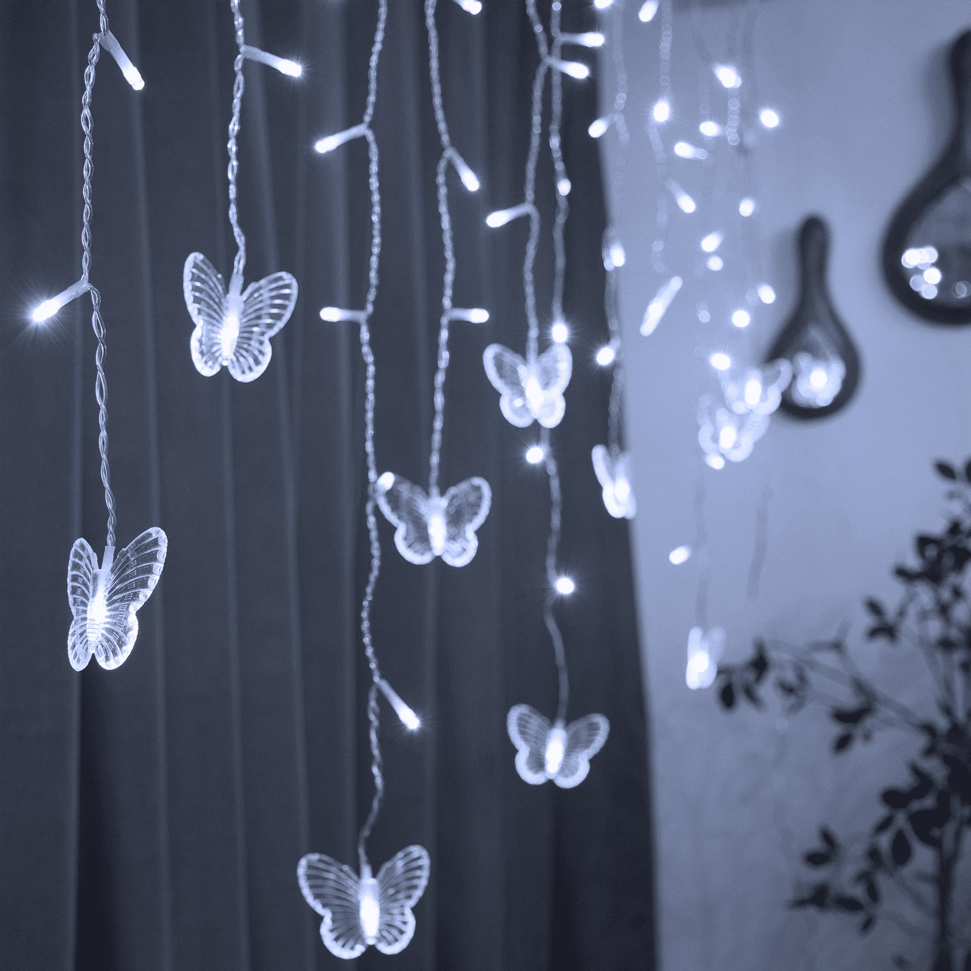 Yolight Butterfly Curtain Lights 13Ft 96 Led Twinkle Fairy Lights Curtain String Lights With Remote, Butterfly Hanging Decoration For Bedroom Dorm Wall Patio Party Wedding Halloween Christmas (White)