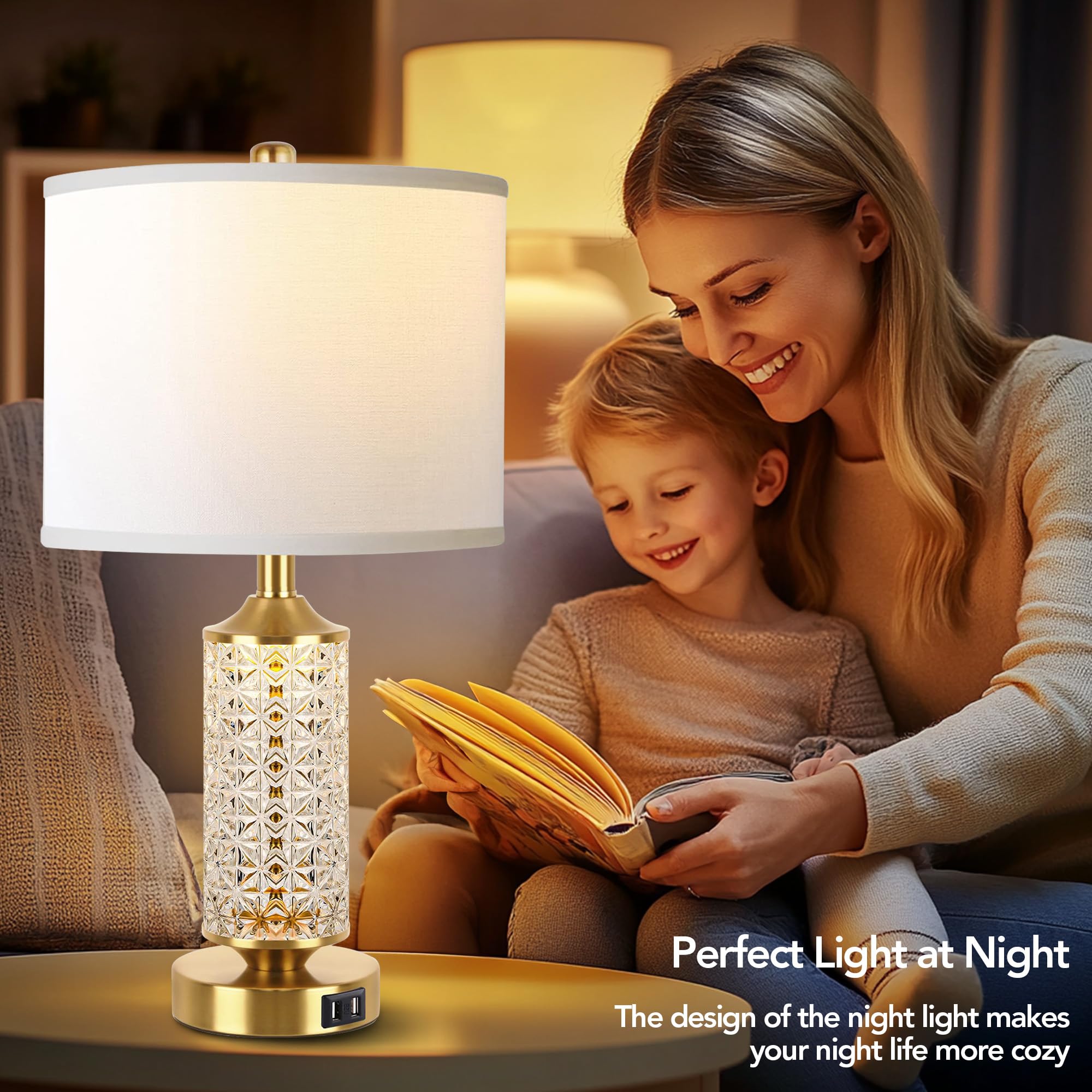 Qimh Set Of 2 Table Lamps With Usb Ports, Modern Bedside Lamp With Led Night Light For Bedroom, Nightstand Lamps For Living Room