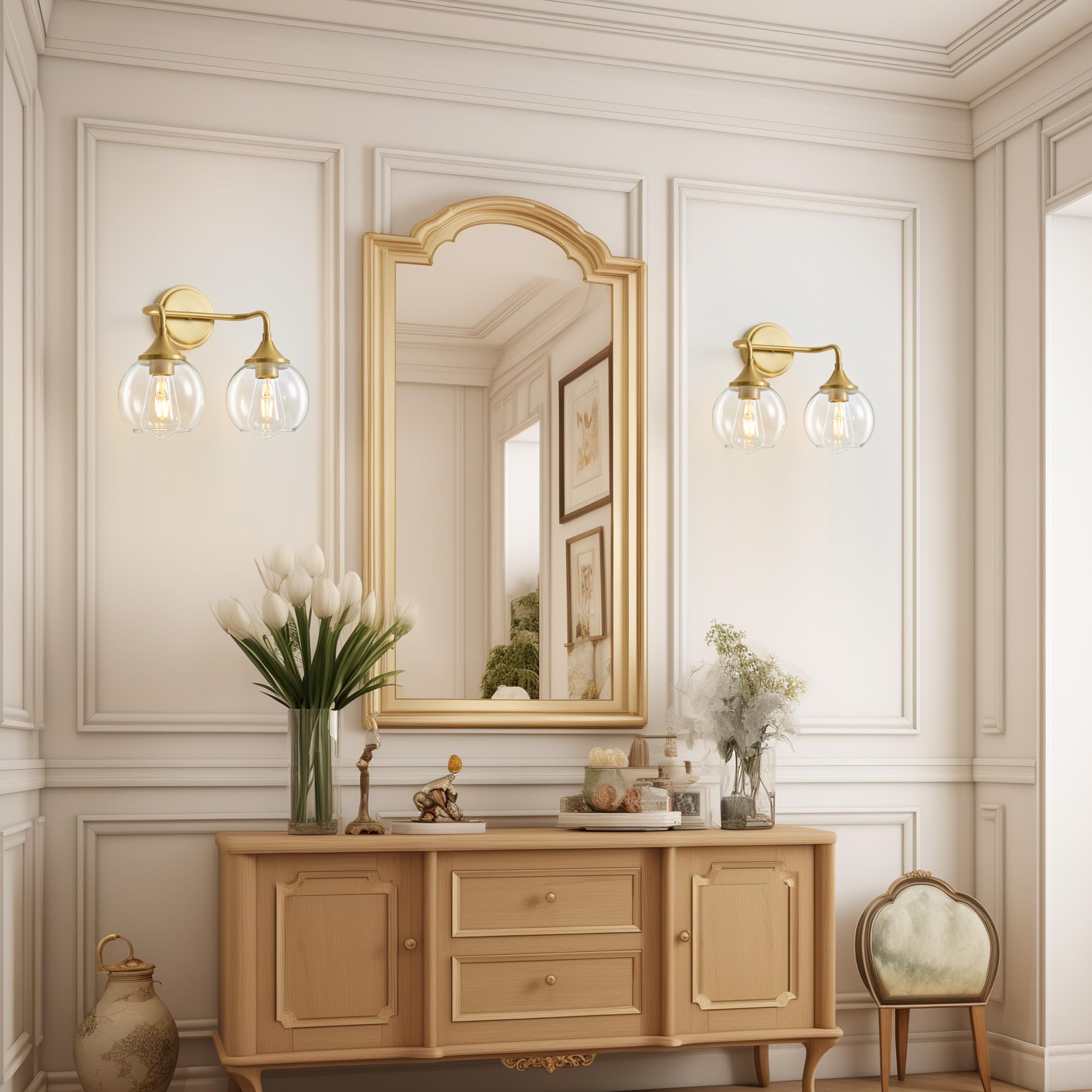 Gednbo Gold Bathroom Vanity Light, 2-Light Metal Fixture, Clear Glass Shade, Model G1796, 19 Inch, E26 Base