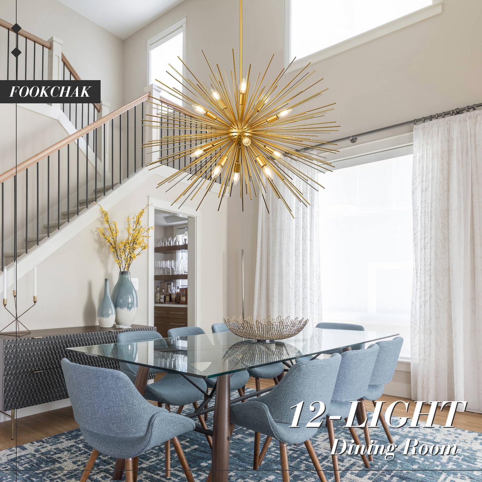 FookChak 35in Gold Sputnik Chandelier, 12-Light Mid-Century Modern Metal Fixture for High Ceilings, Model 900G