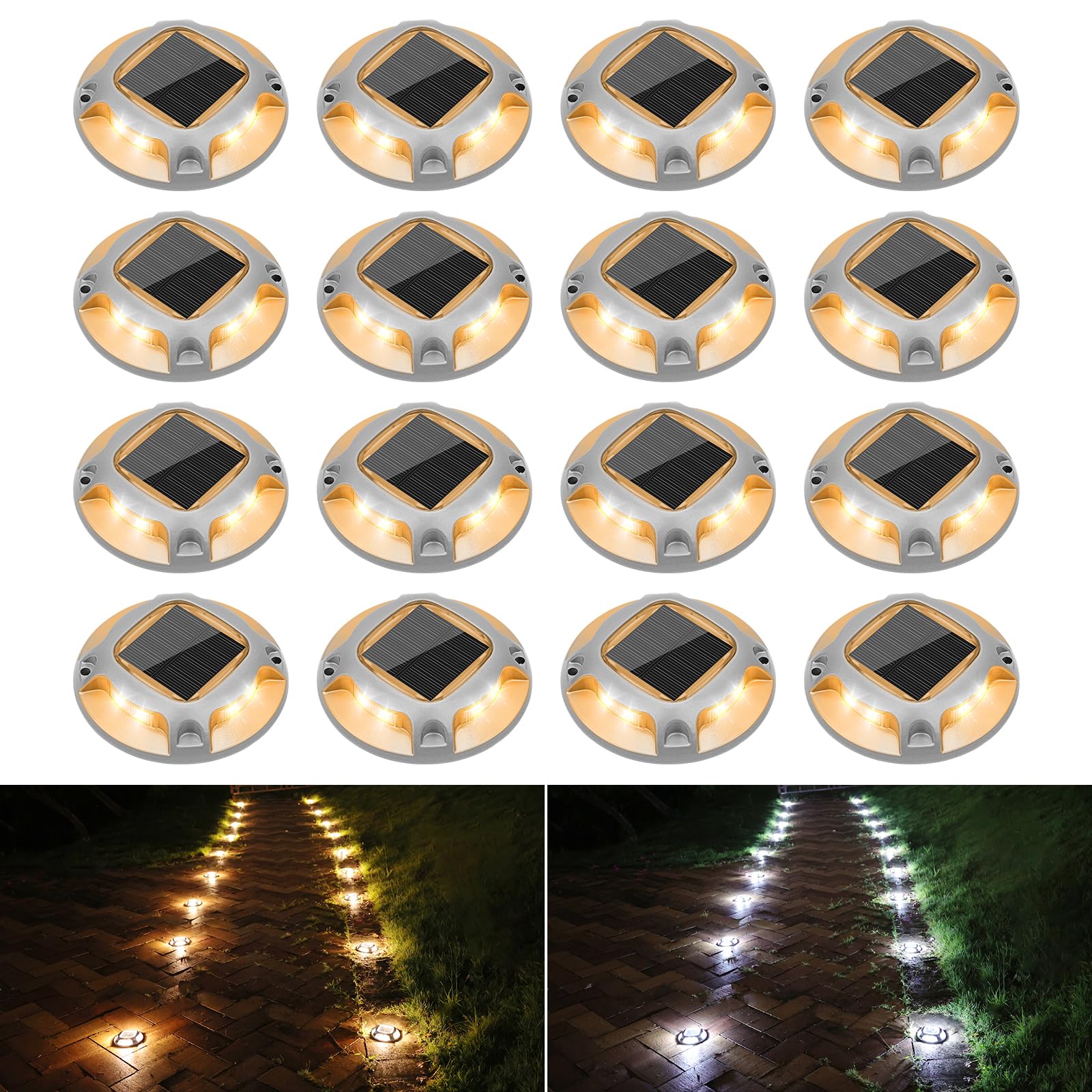 VOLISUN Solar Driveway Lights 16 Pack, 2 Colors, Outdoor LED Deck & Pathway Lights (White/Warm White)