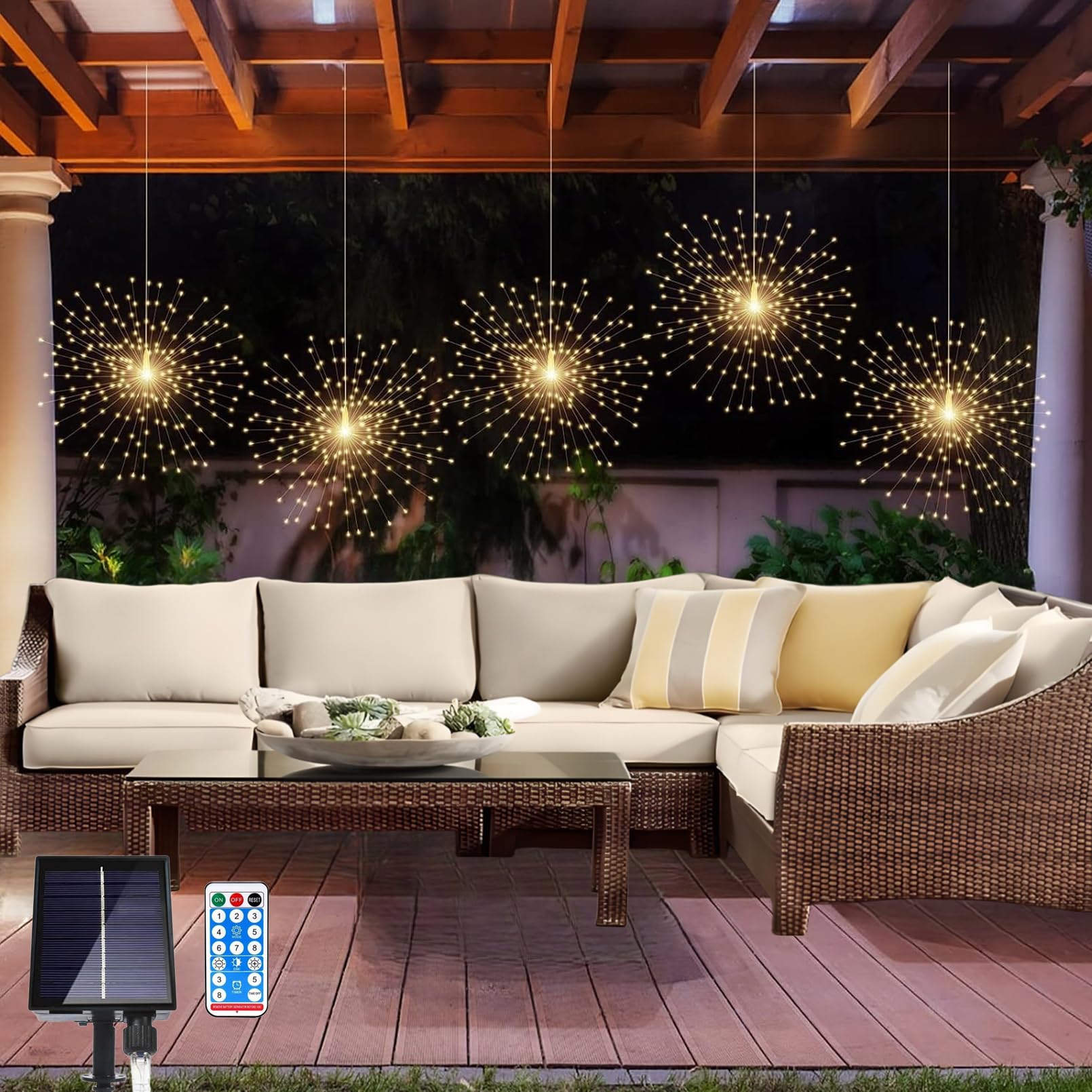 LOFTOLMEA 5 Pack Solar Firework Lights  450 LED 8 Modes Dimmable Waterproof Hanging DIY Starburst Fairy Lights with Timer for Party Garden Indoor Outdoor Decoration (Warm White  450)