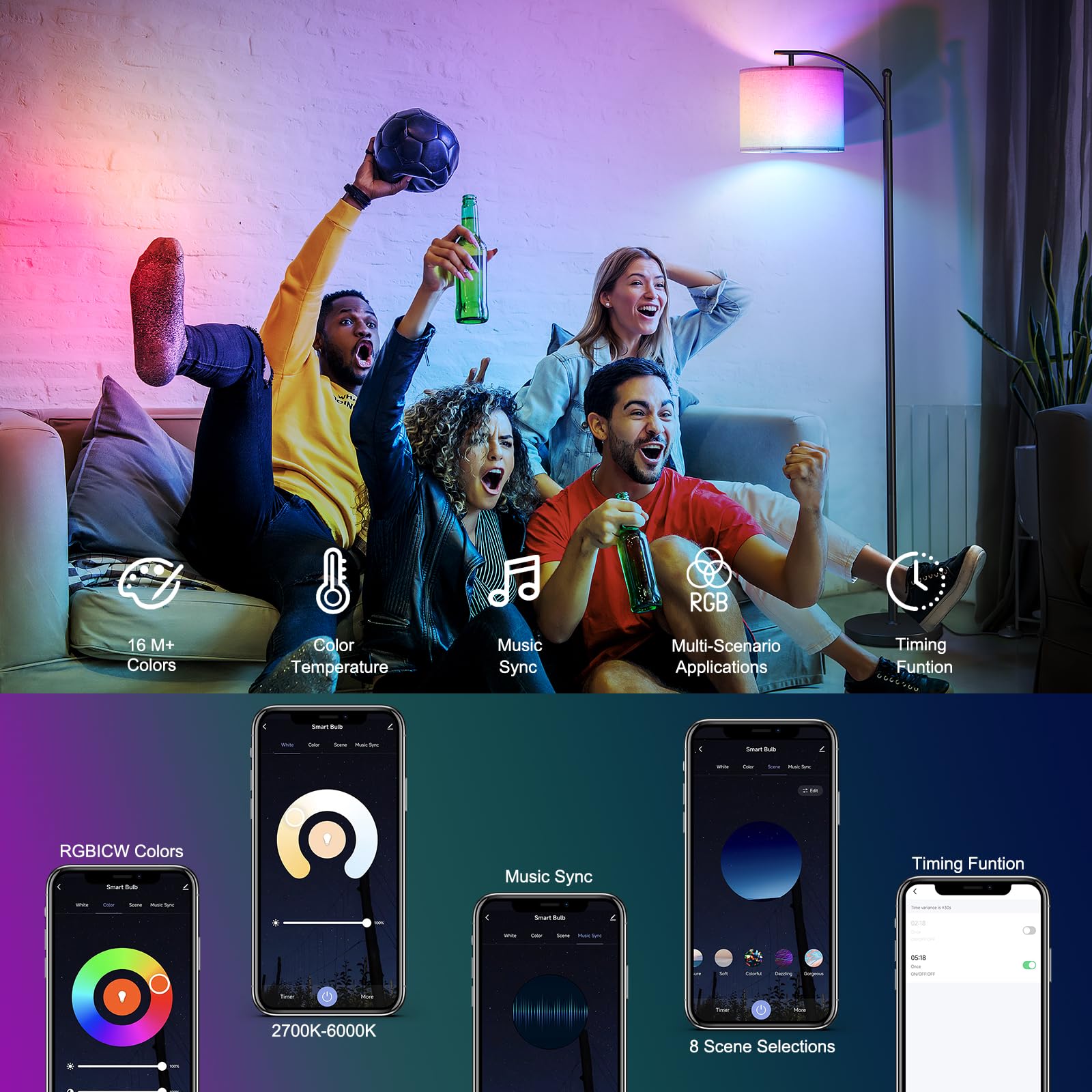 Sunmory Arc Floor Lamp, Smart App Remote Control Standing Floor Lamp With Rgb Bulb, Tall Lamp With Hanging Lampshade, Dimmable F