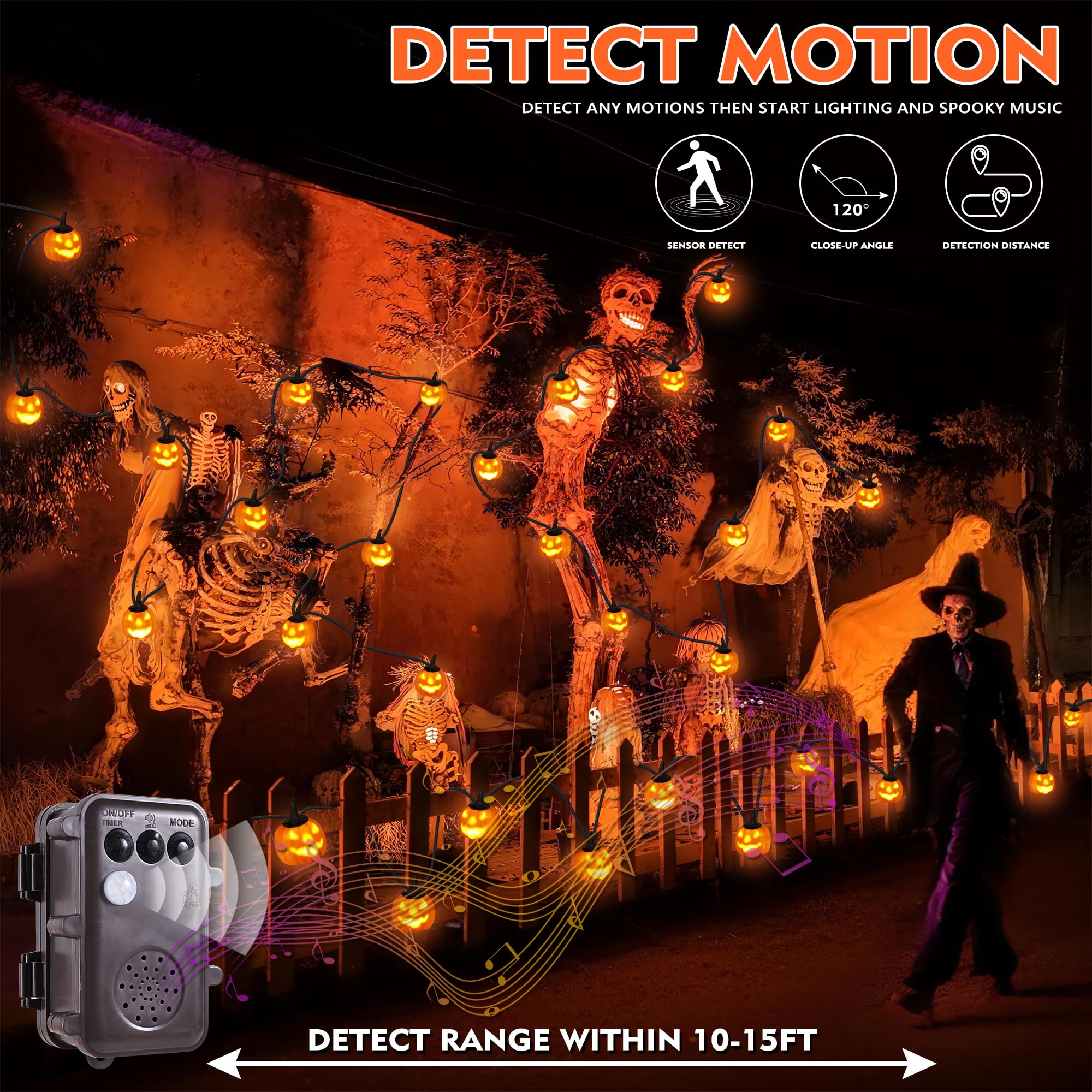 Jnaurb Motion Sensor Halloween Pumpkin Lights, 10 LED, 8.8ft, Waterproof, 6 Modes, Orange