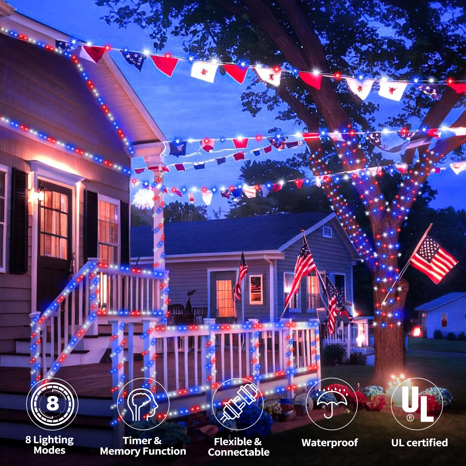 Jnaurb 100ft LED Rope Lights - Waterproof, 720 LEDs, 8 Modes, Red & White & Blue for Indoor/Outdoor Decor