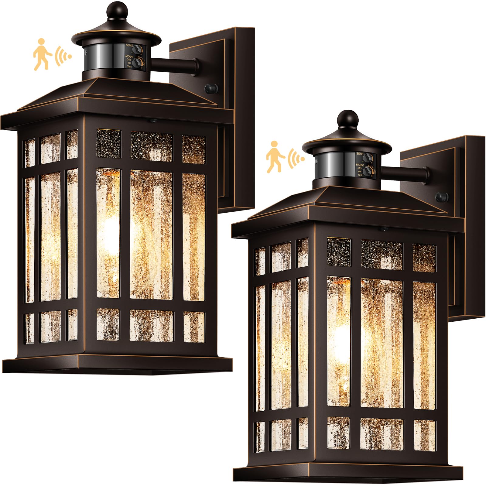 Opaxis Adjustable Sensitivity Motion Sensor Outdoor Lights  2 Packs Oil Rubbed Bronze Exterior Lighting Fixtures With Gold Trim  Orb Outdoor Garage Lights Wall Mount For House  Garage  Doorway  Coach