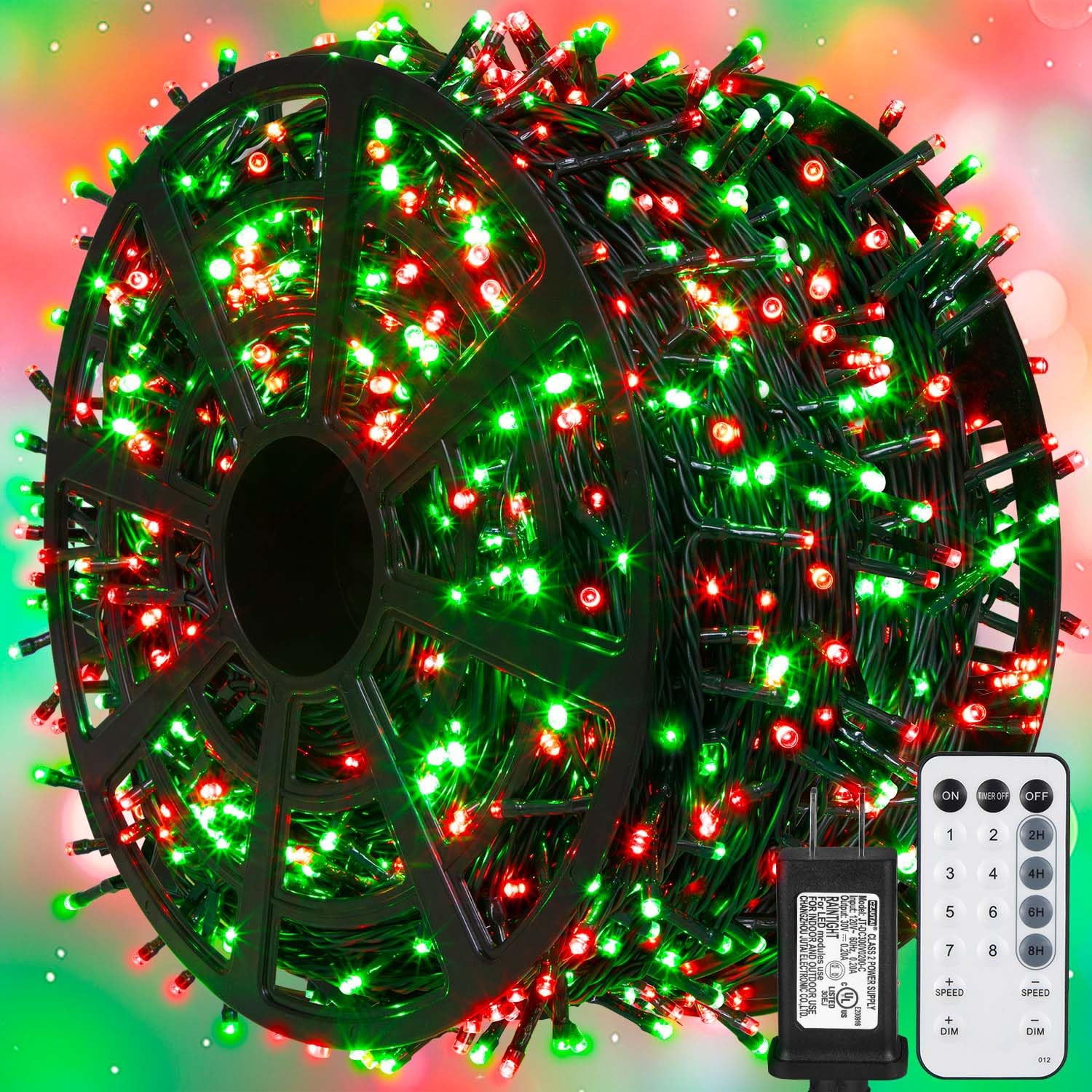 weillsnow 1000 LED Christmas String Lights, Remote & Timer, 8 Modes, Waterproof, Red&Green, Model HB-1000COI