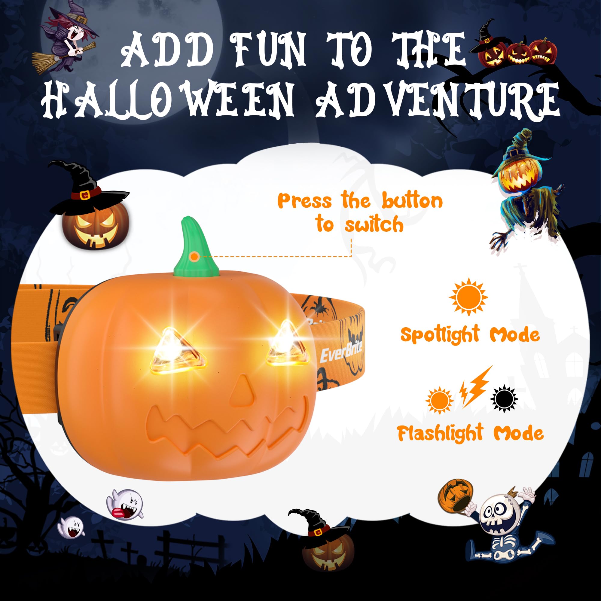 Everbrite Halloween Pumpkin Headlamp 5 Pack  2 Modes Led Head Lamp Adjustable Headband  Pumpkin Lights Party Favors  Orange Spot & Strobe Lights Halloween Gifts