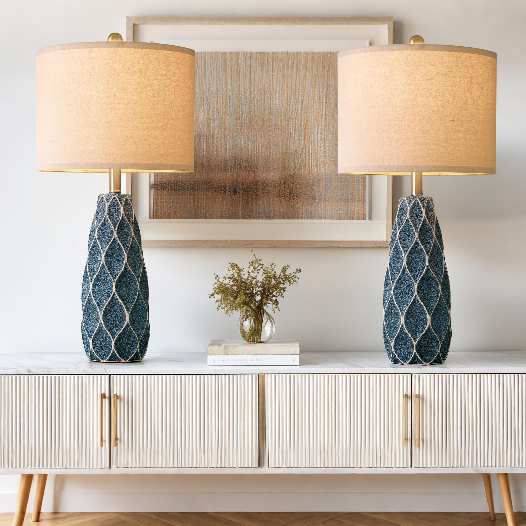 27.5 Ceramic Table Lamps For Living Room Bedroom Lamps Set Of 2 Modern Boho Bedside Lamps Night Stands Farmhouse Vintage Large Nightstand Lamp Reading Light Home Office Dorm Desk Deco Gifts  Blue