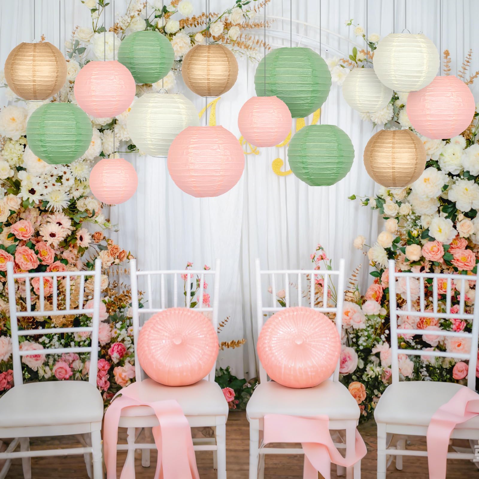 ADLKGG Paper Lanterns, Round Hanging Decorations for Parties, 21pcs, Sage Green/Pink/Brown