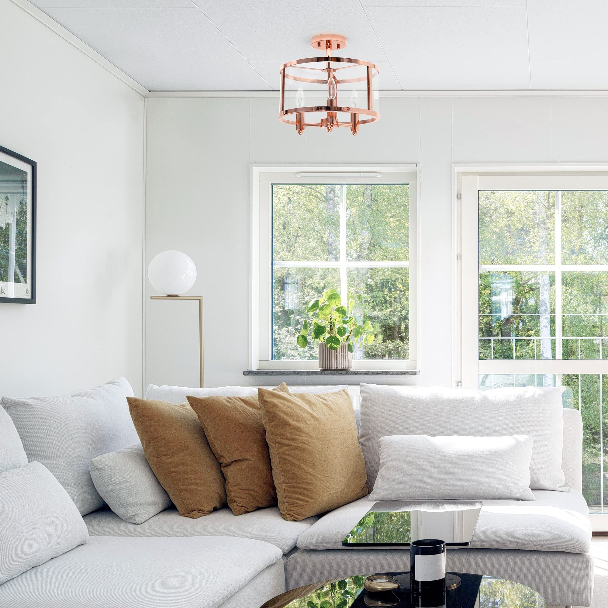 LALIA HOME 3-Light Semi-Flushmount Ceiling Light, Glass & Metallic Accents, 13in Rose Gold, Model 1270-LHM-1000-RG