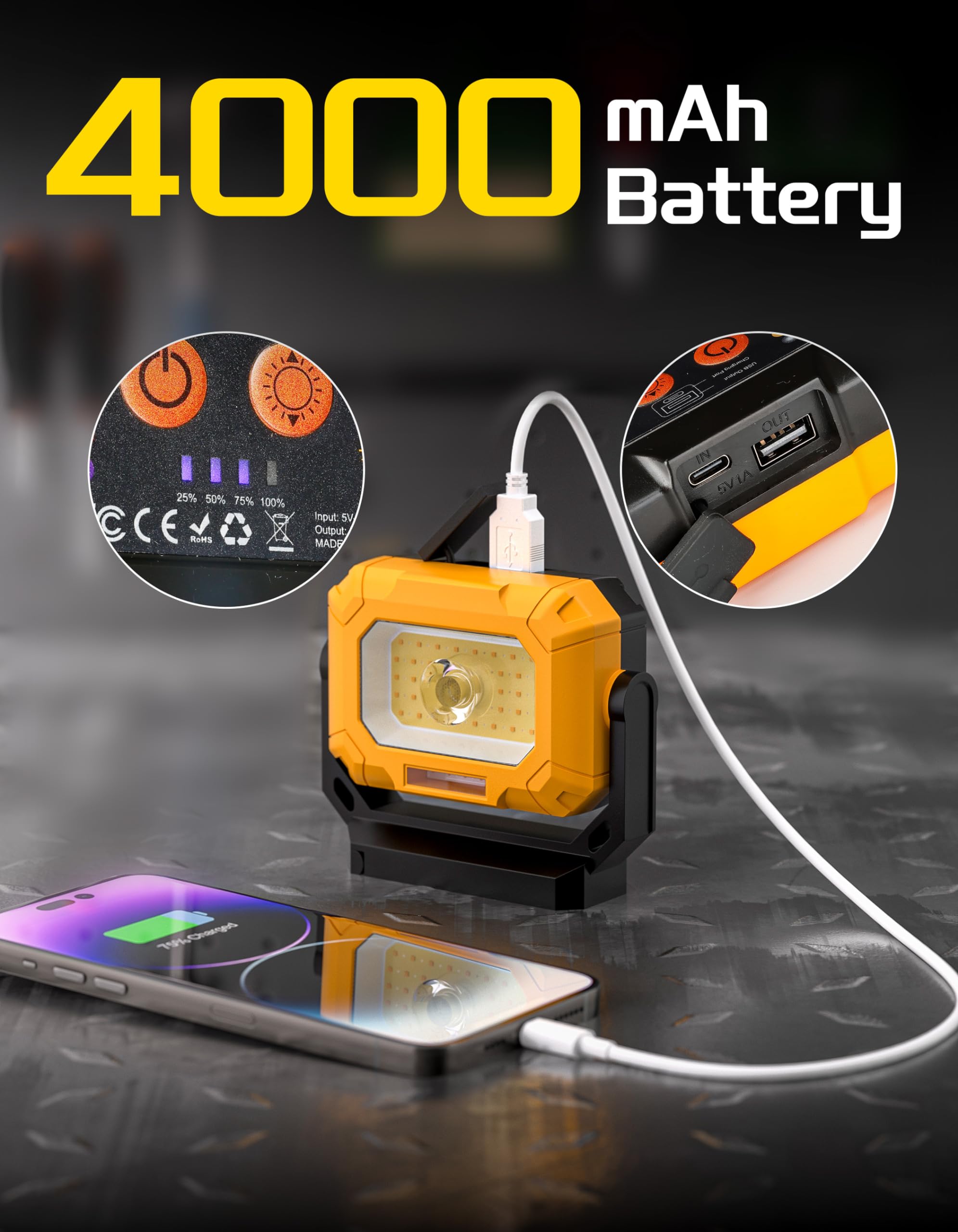 Keadeso Led Work Light, 1500Lm Magnetic Work Light With 360°Rotating Magnetic Stand & 15 Modes, 4000Mah Rechargeable Mechanic Light With Hook For Emergency Car Repairing, Father'S Day Gift