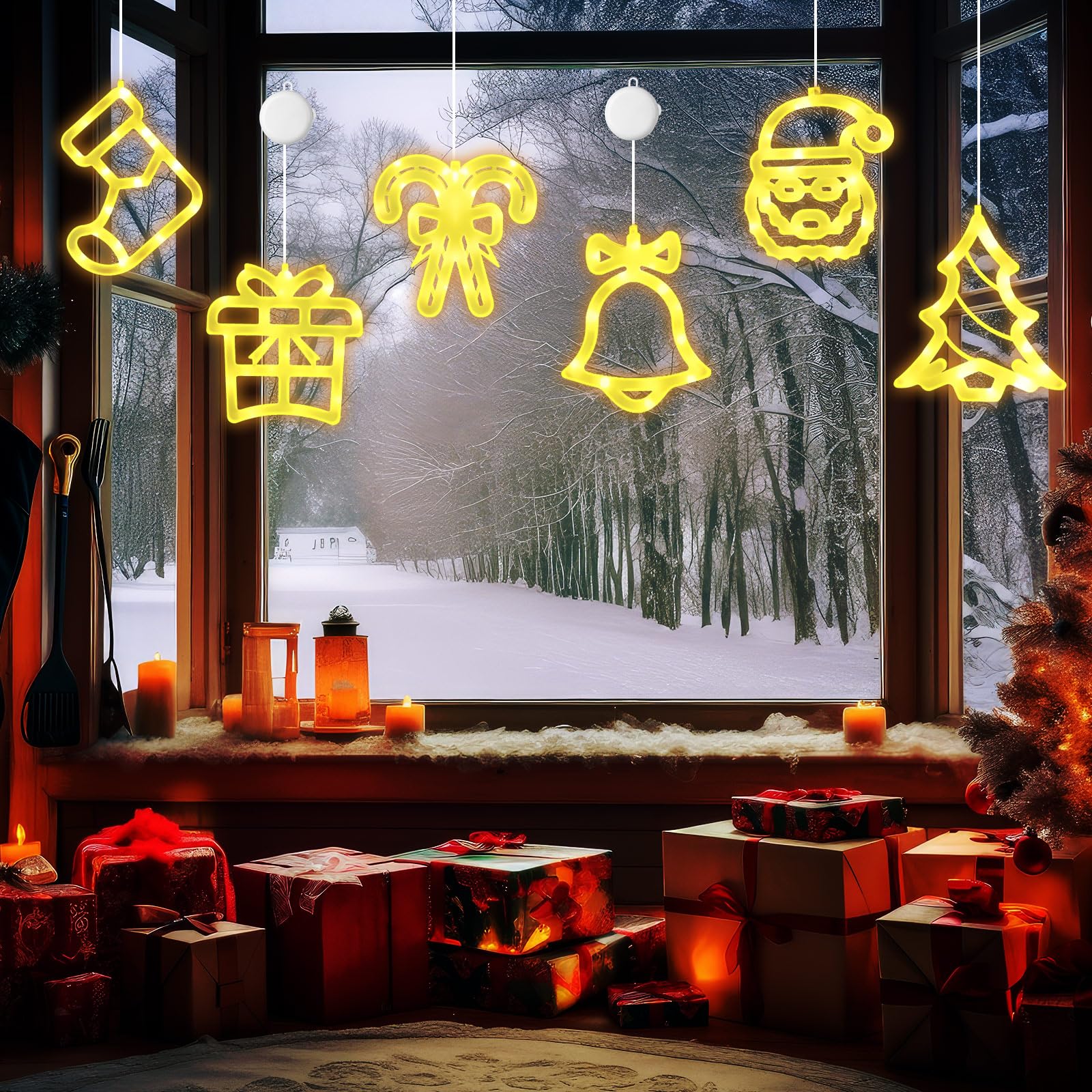 Gejoy Christmas Window Lights - 6 Pcs Warm White Acrylic Silhouette with Timer, Battery Operated, Classic Style Decor for Indoor/Outdoor