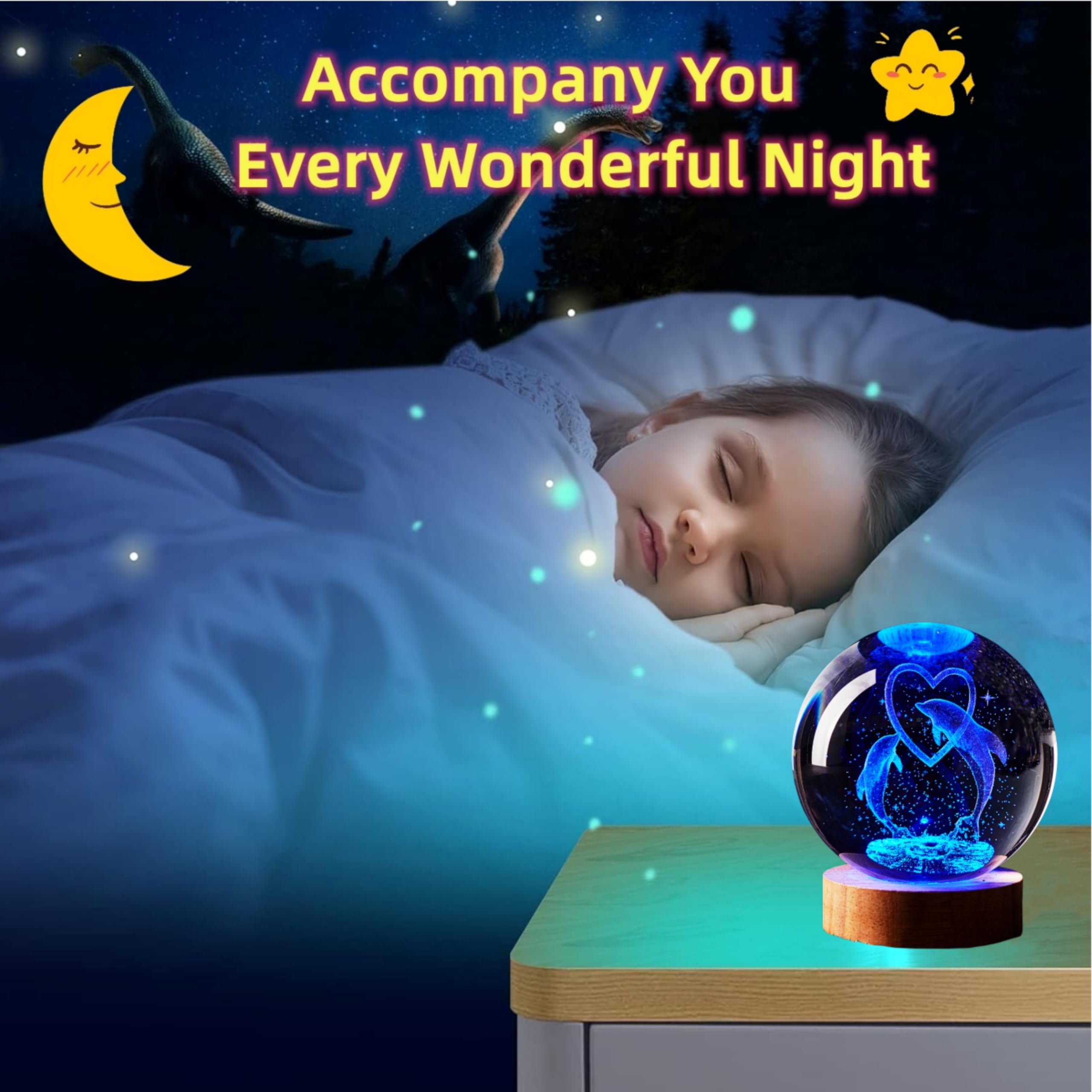 Digfpwt Dolphin Crystal Ball Lamp, 3.15 Inch K9 Crystal Ball Night Light With Wooden Base, 16 Colors Change With Remote Control