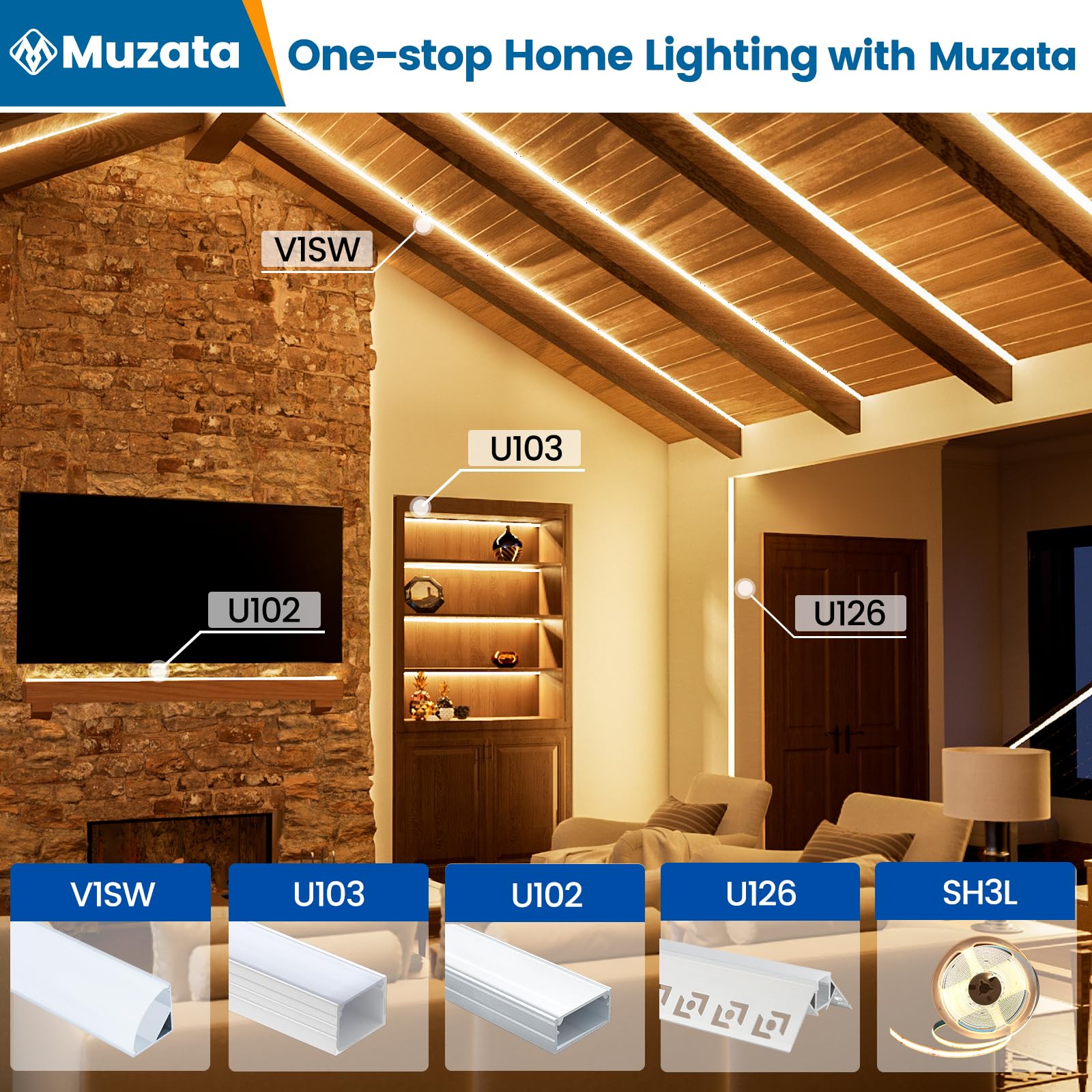 Muzata LED Channel System, 6Pack, Aluminum, 3.3FT/1M, Waterproof for LED Strip up to 16mm Width, Silver, Model U103, White Cover