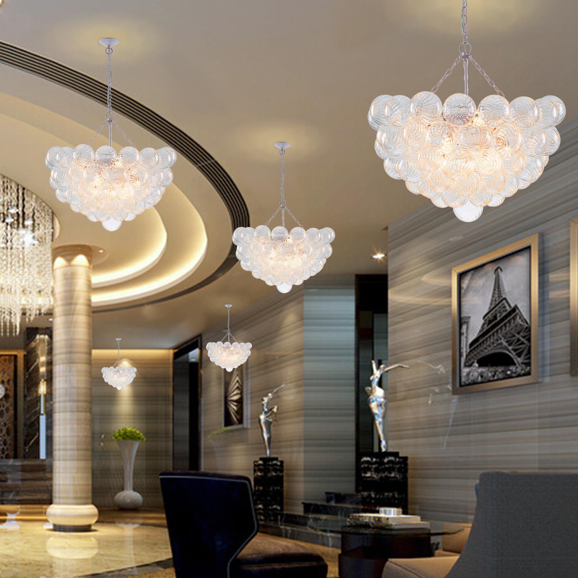 Beypan Bubble Ball Swirled Glass Chandelier White Finish 32'' Dia Clear Globe Pendant Light Fixture For Bedroom Dining Room Tabl