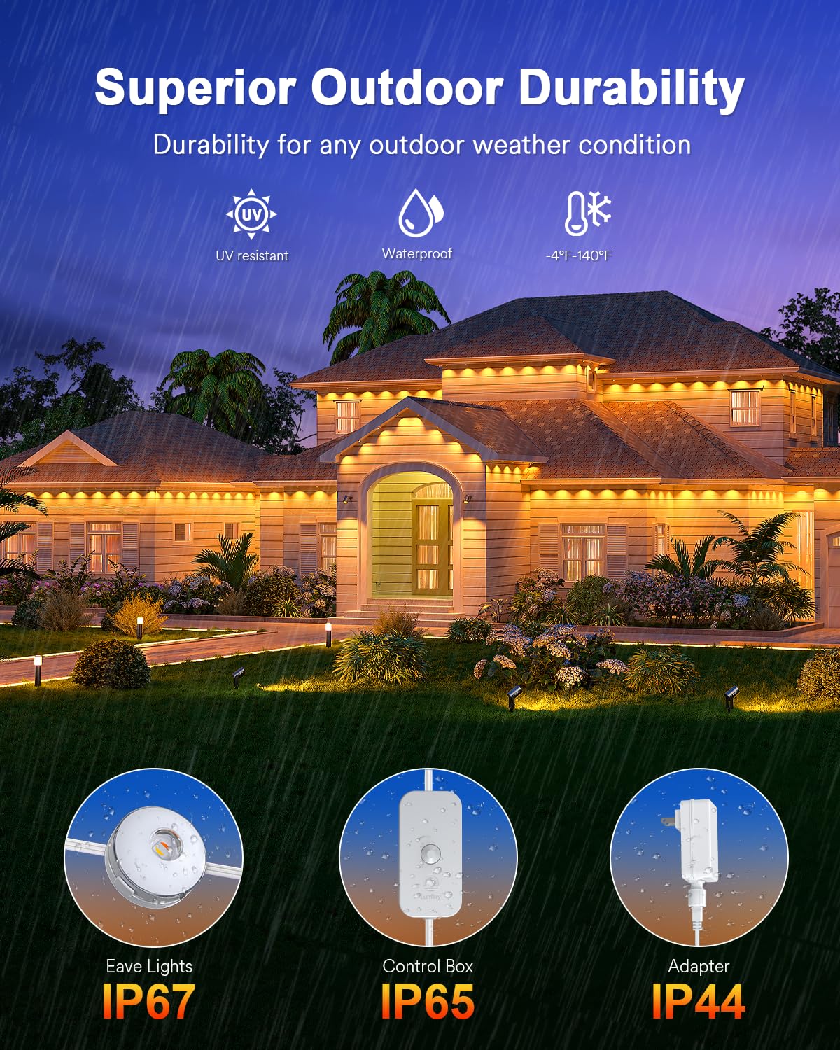 Lumary 105ft Smart Outdoor Lights, 80 LED Eave Lights, 4800LM, IP67 Waterproof, White, Model L-PO80A1