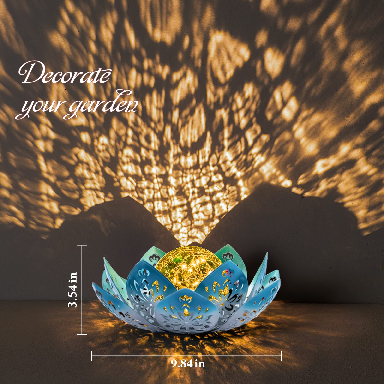 Huaxu Solar Lights Outdoor Decorative - Bright Blue Lotus Flower Table Lamp, Glass Globe 30 Led Waterproof Metal Decorations Gif