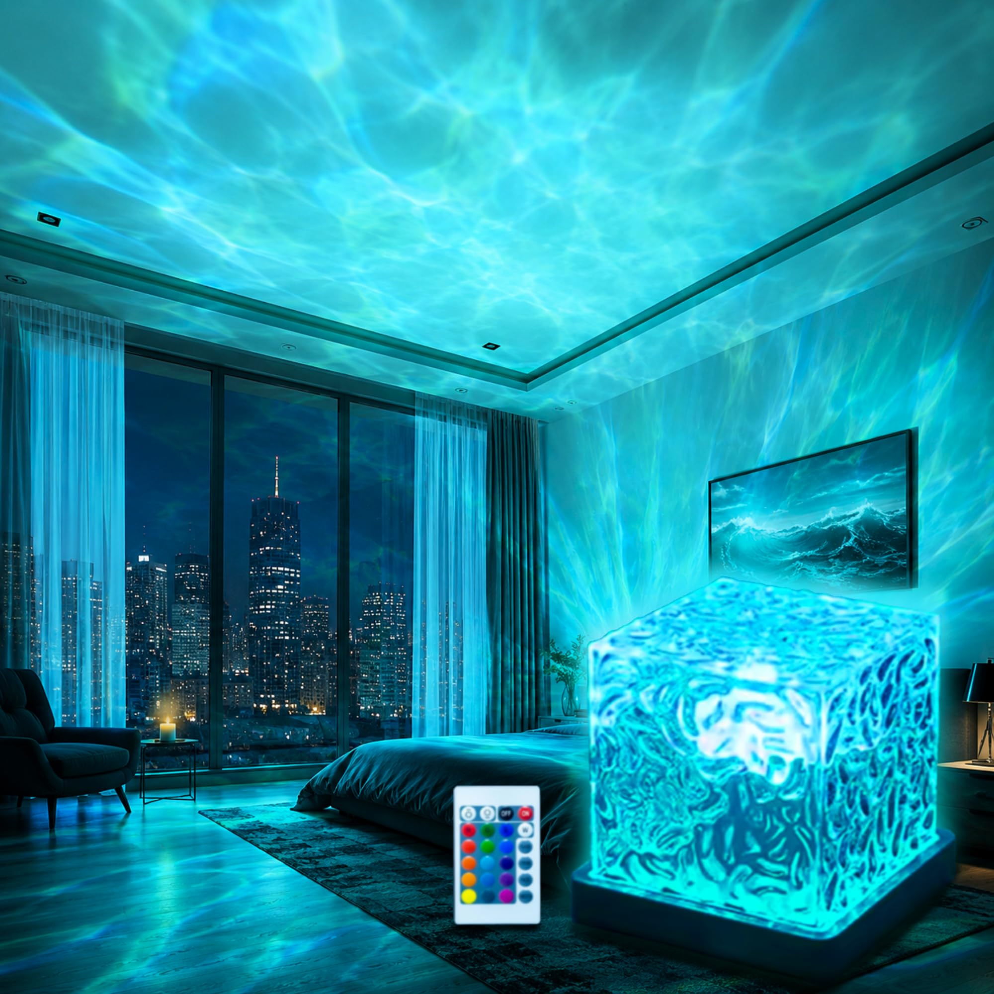 Blue Horizon Global Ocean Wave Projector Light, Water Ripple Night Light with 16 Colors, Ambient LED Lamp for Bedroom, Ceiling &