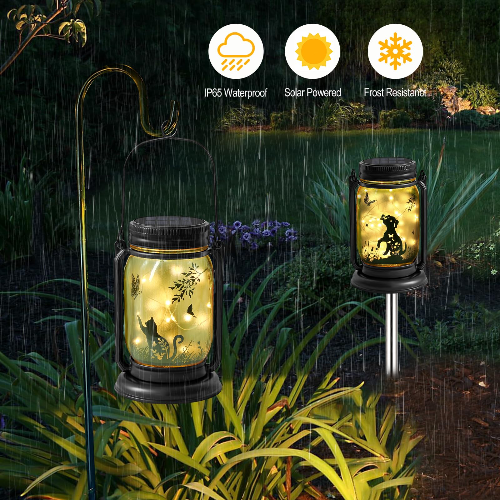 YJFWAL 4 Pack Solar Lanterns, Vintage Glass Mason Jar, Warm White, Dog & Cat Butterfly Theme, Waterproof Garden Lights
