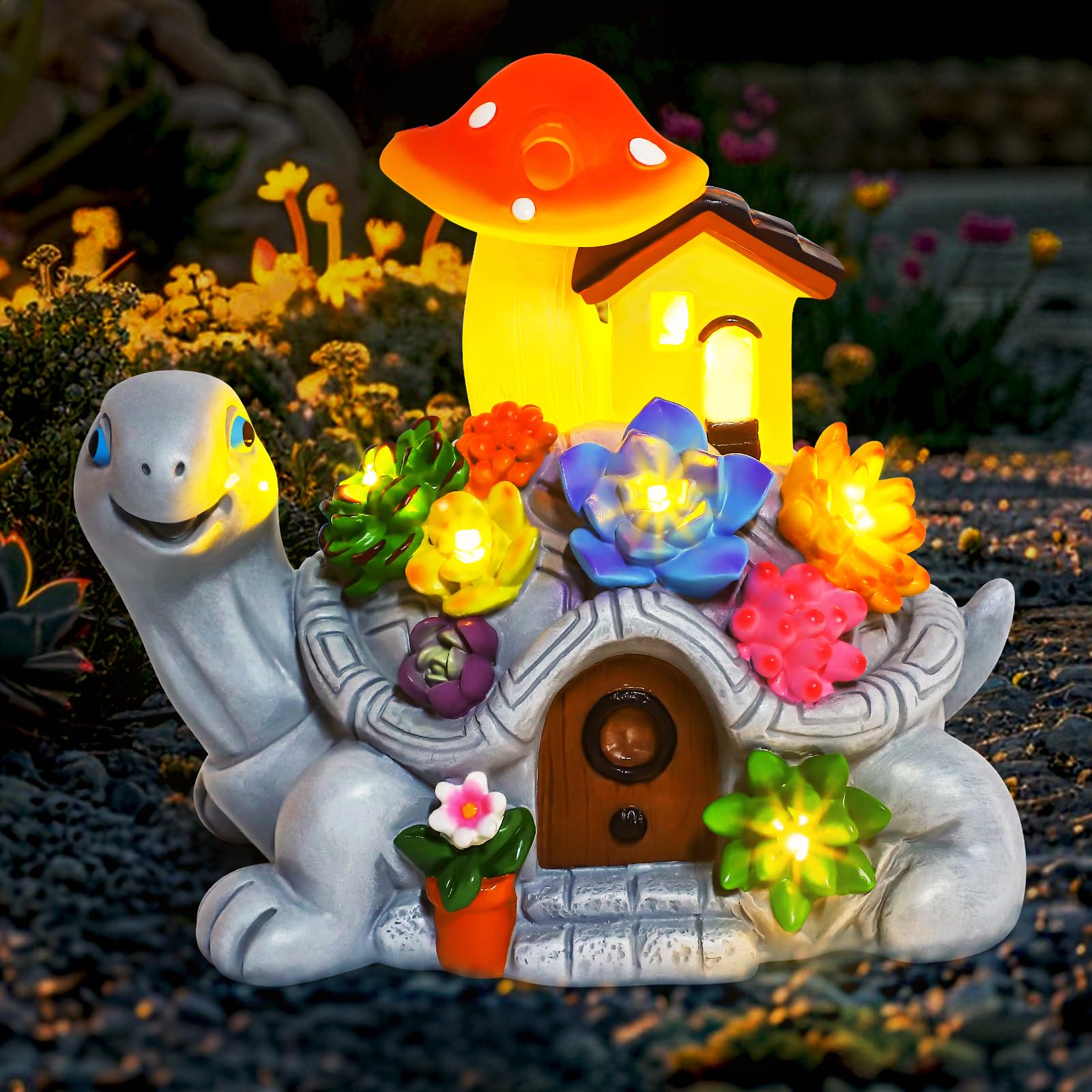 CIKOUBE Solar Turtle Garden Statues with Succulentss and 7 LED Lights, Outdoor Solar Turtles for Garden Decor, Yard Lawn Balcony