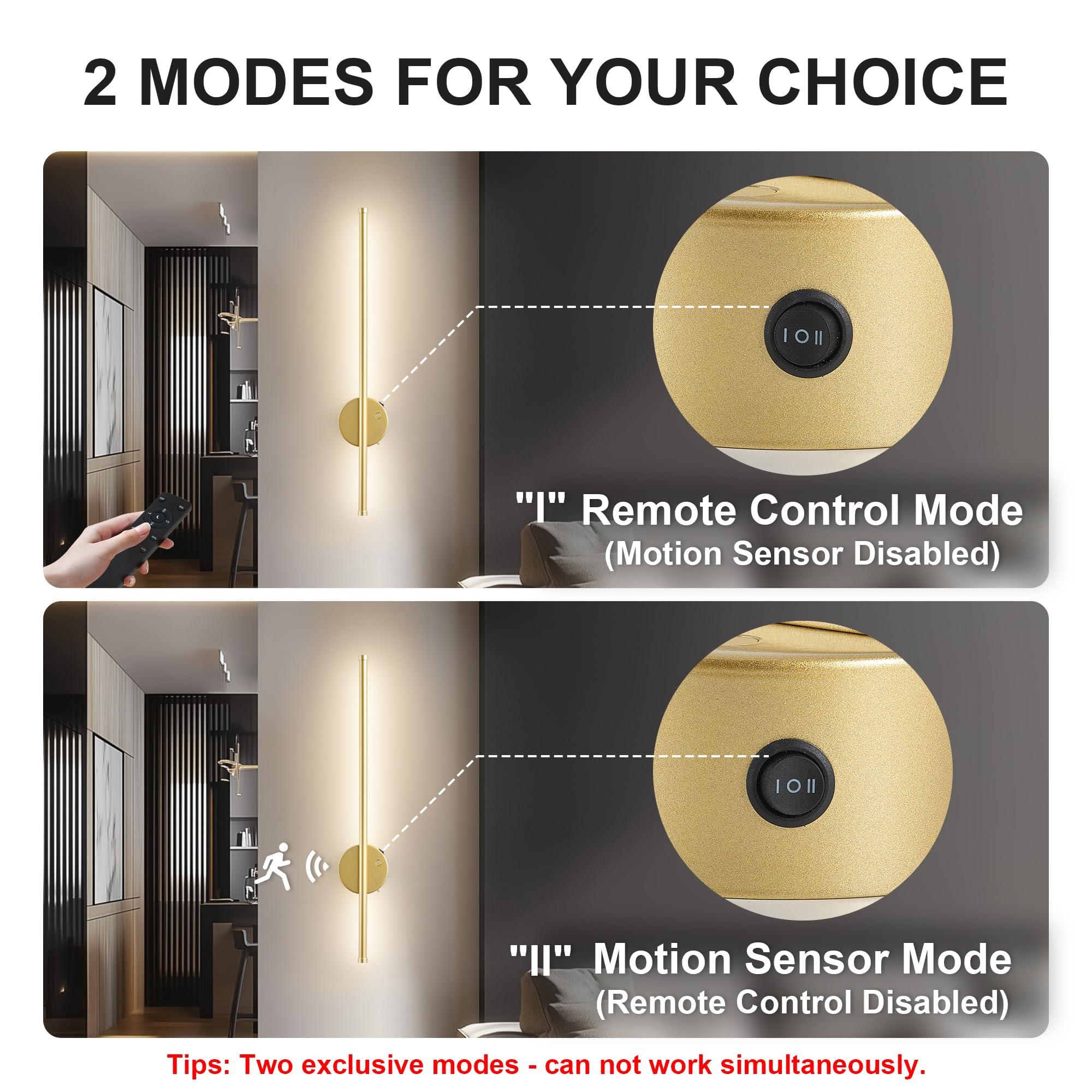 KARTOOSH Motion Sensor Wall Sconce Set of 2 - Rechargeable, Dimmable, 23.6 Inch, Gold, Model ZM330BGD60