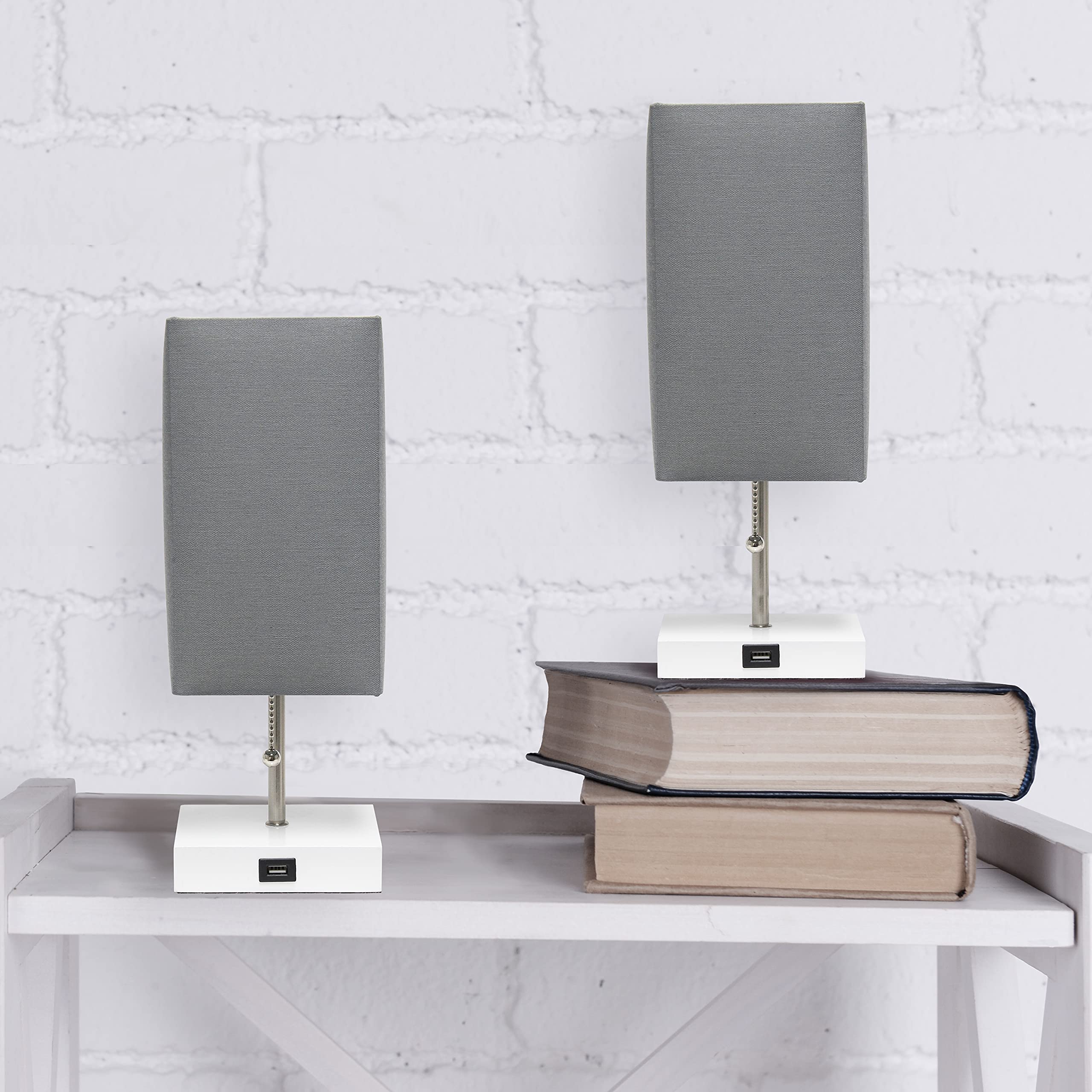 Simple Designs Lc2004-Gow-2Pk Usb Charging Port 2 Pack Bedside Lamp Set, White/Gray