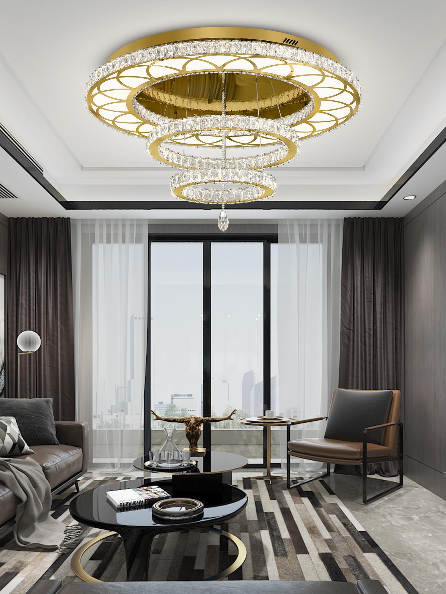 Flashing God 48" Gold Chandelier LED Flush Mount Ceiling Light - Dimmable for Living Room, Bedrooms, Dining Room, Model MMQ0268-120-J
