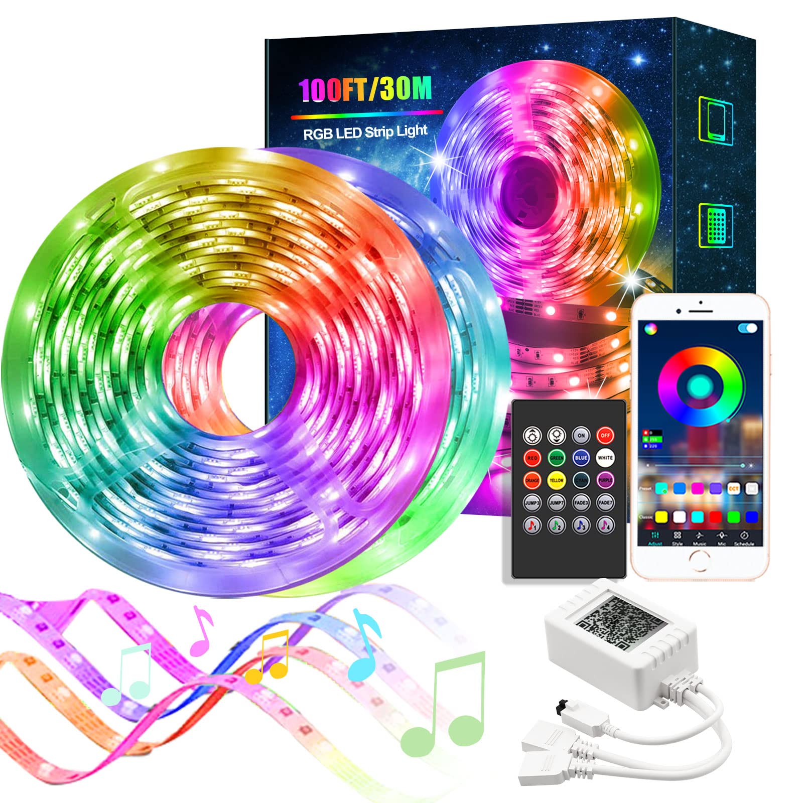 Led Strip Lights 100ft, Smart Light Lights with Bluetooth and APP Control,Multicolor RGB LED Light Strips,Music Sync Color Chang