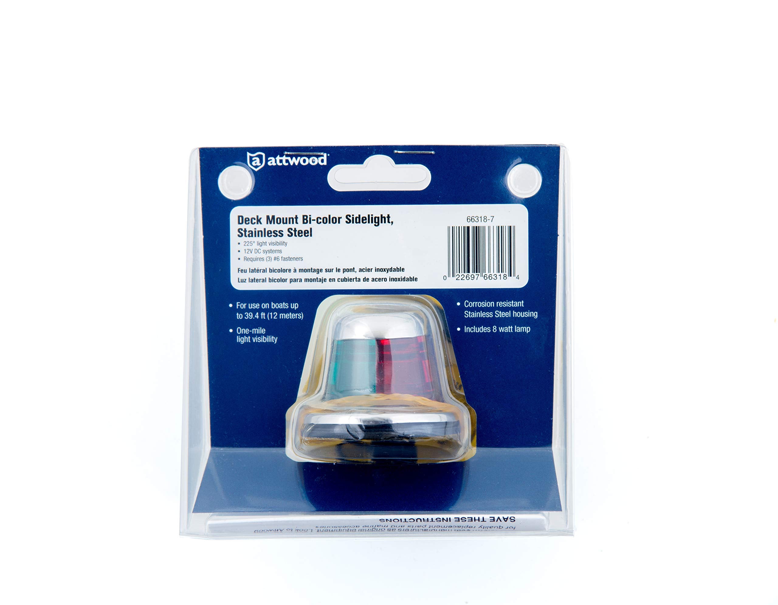 Attwood 66318-7 Stainless Steel Bi-Color 1 Nautical Mile Sidelight With 7.5-Watt Lamp