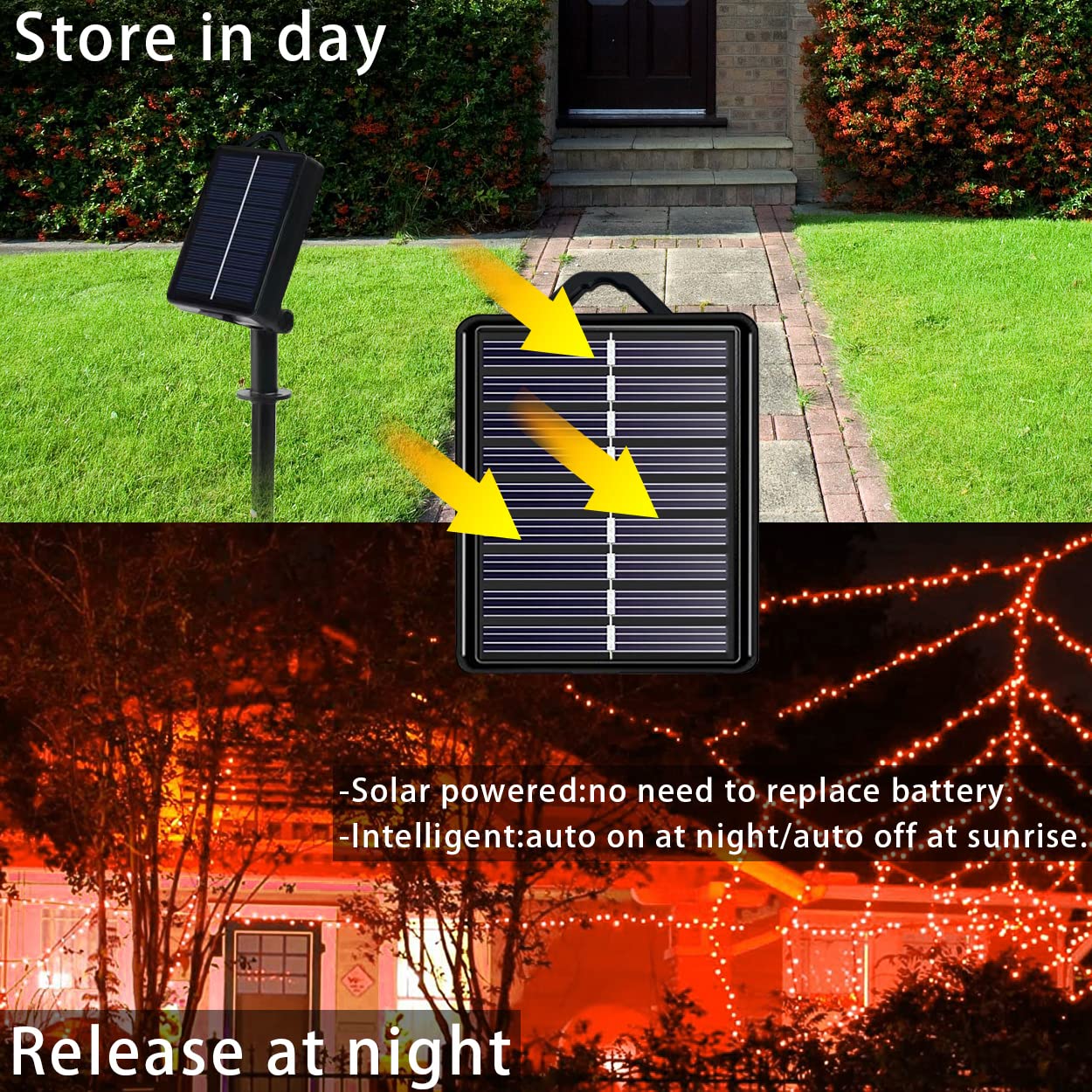 YAOZHOU Solar Halloween String Lights, 144ft, 400 LED, 8 Modes, IP44 Waterproof, Orange, 2-Pack