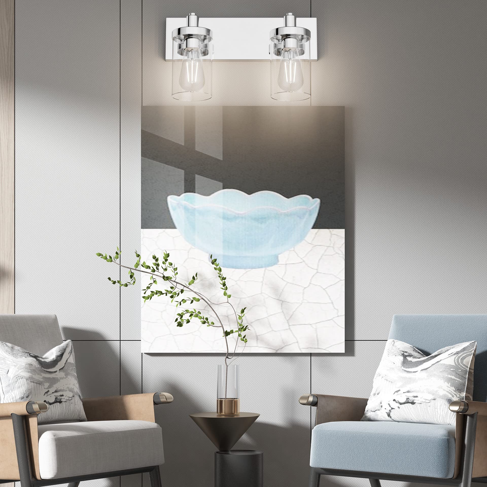 Aipsun Bathroom Vanity Light Fixture, 2-Light, Chrome, Stainless Steel, Model GW-1136, Clear Glass Shade