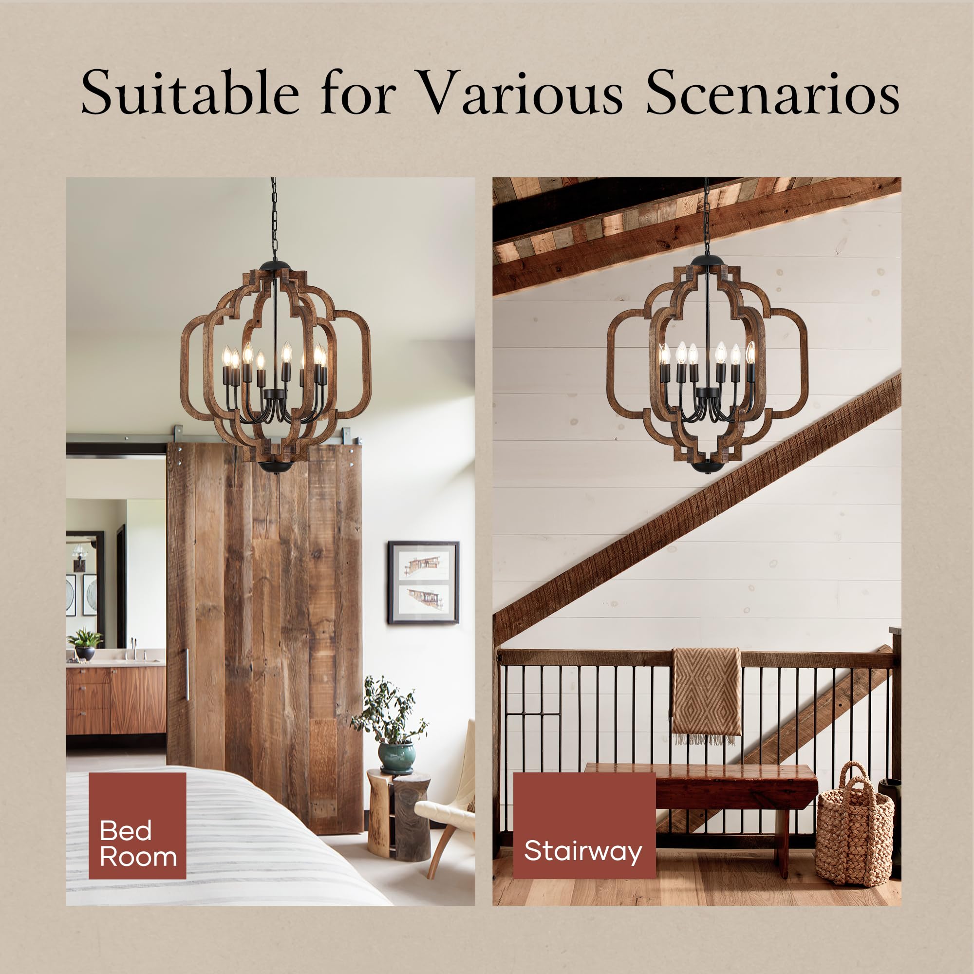 Lighceac 24.6'' Farmhouse Vintage Chandelier 8-Light For Dining Room Rustic Handmade Wood Hanging Ceiling Pendant Light Fixture