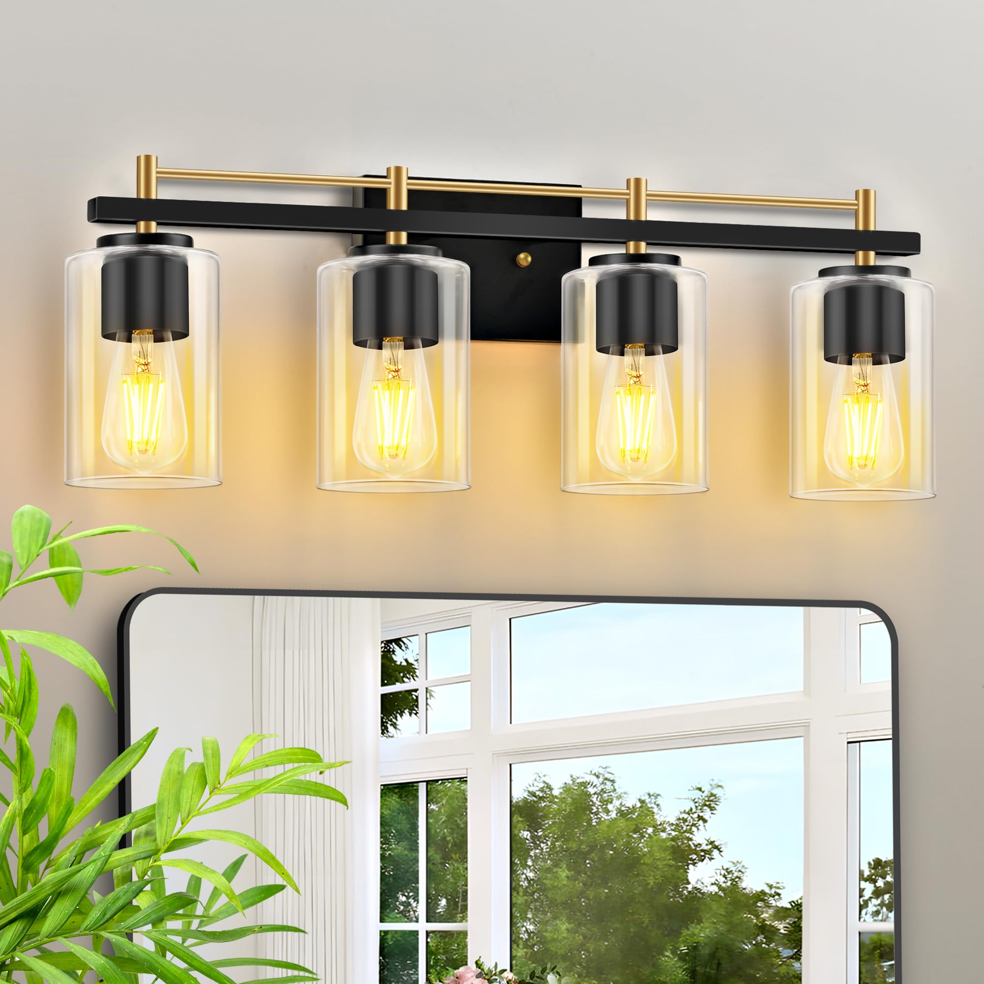 LETRY Bathroom Vanity Light Fixture, 4-Light, Iron, Black and Gold, Model BL-4-BG, Clear Glass Shade for Mirror