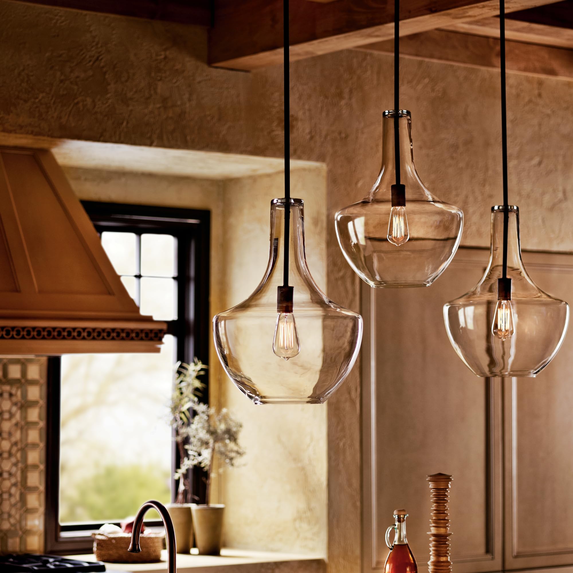 Kichler Everly 19.75 Kitchen Bell Pendant In Olde Bronze, 1-Light Clear Seeded Glass Pendant Light, (19.75 H X 13.75 W), 42046Oz