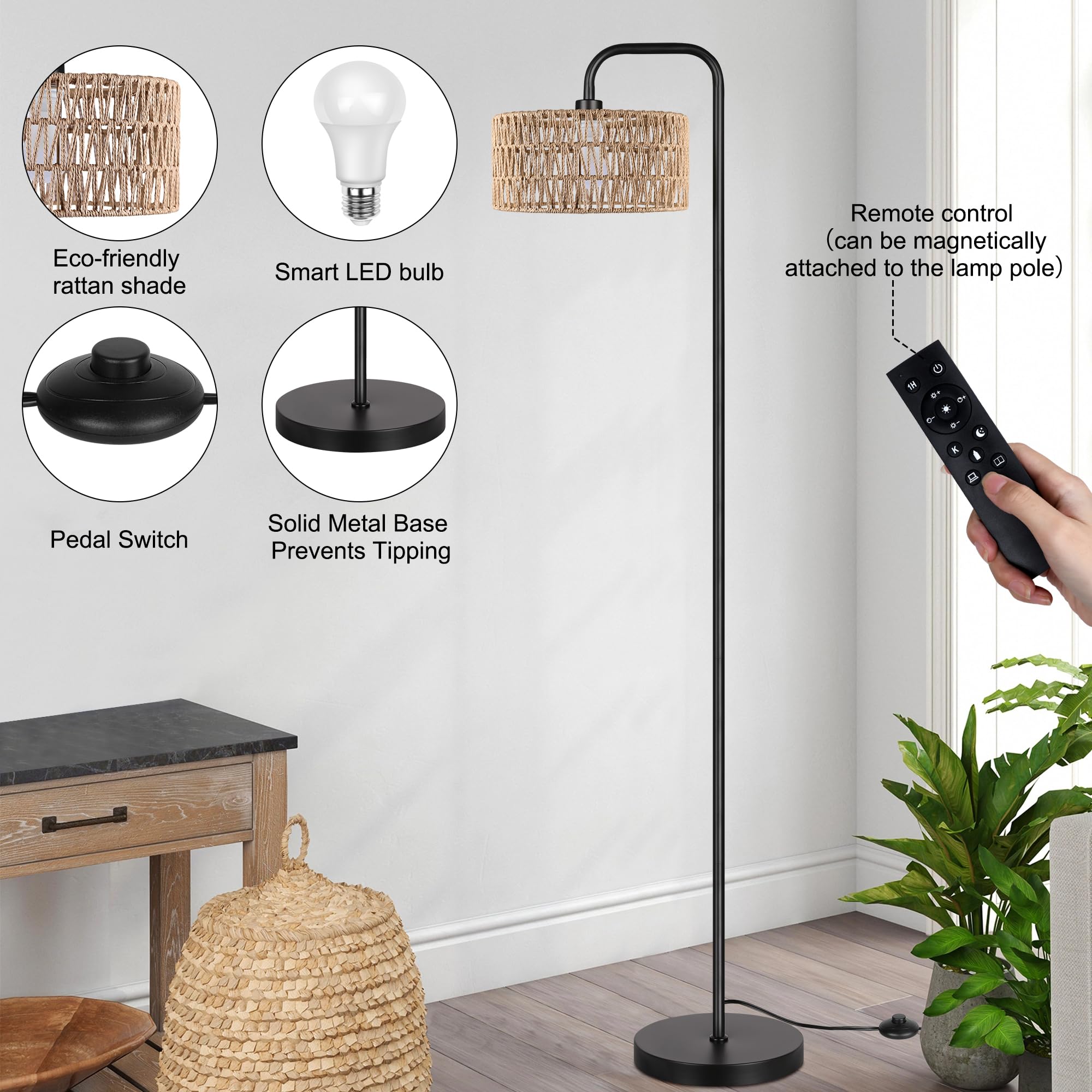 Partphoner 68'' Farmhouse Floor Lamp With Remote, Rattan Shade, 3 Color Temperatures, Black