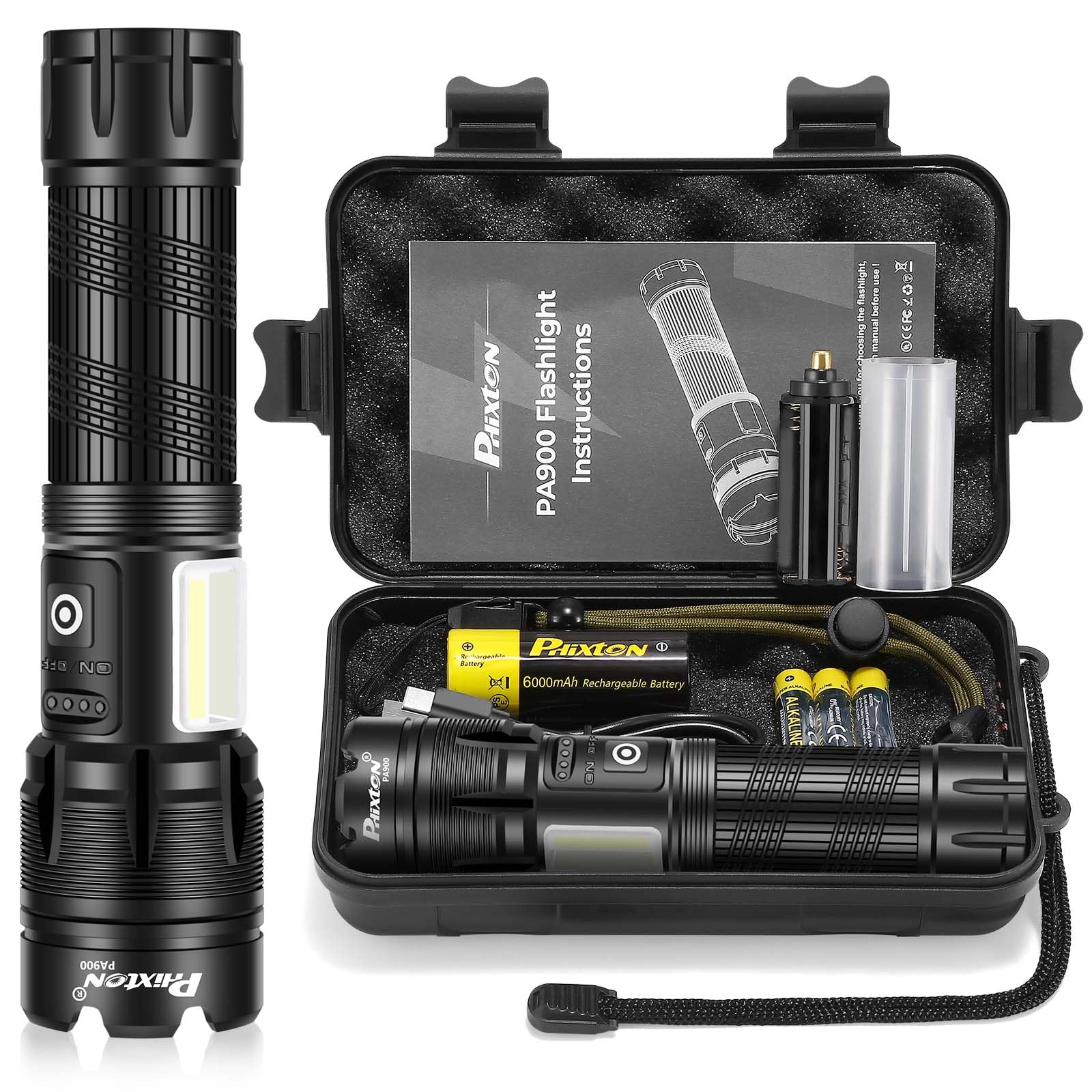 Phixton 900,000 Lumen Rechargeable Led Flashlight - Heavy Duty Black Red & White Lights For Hiking