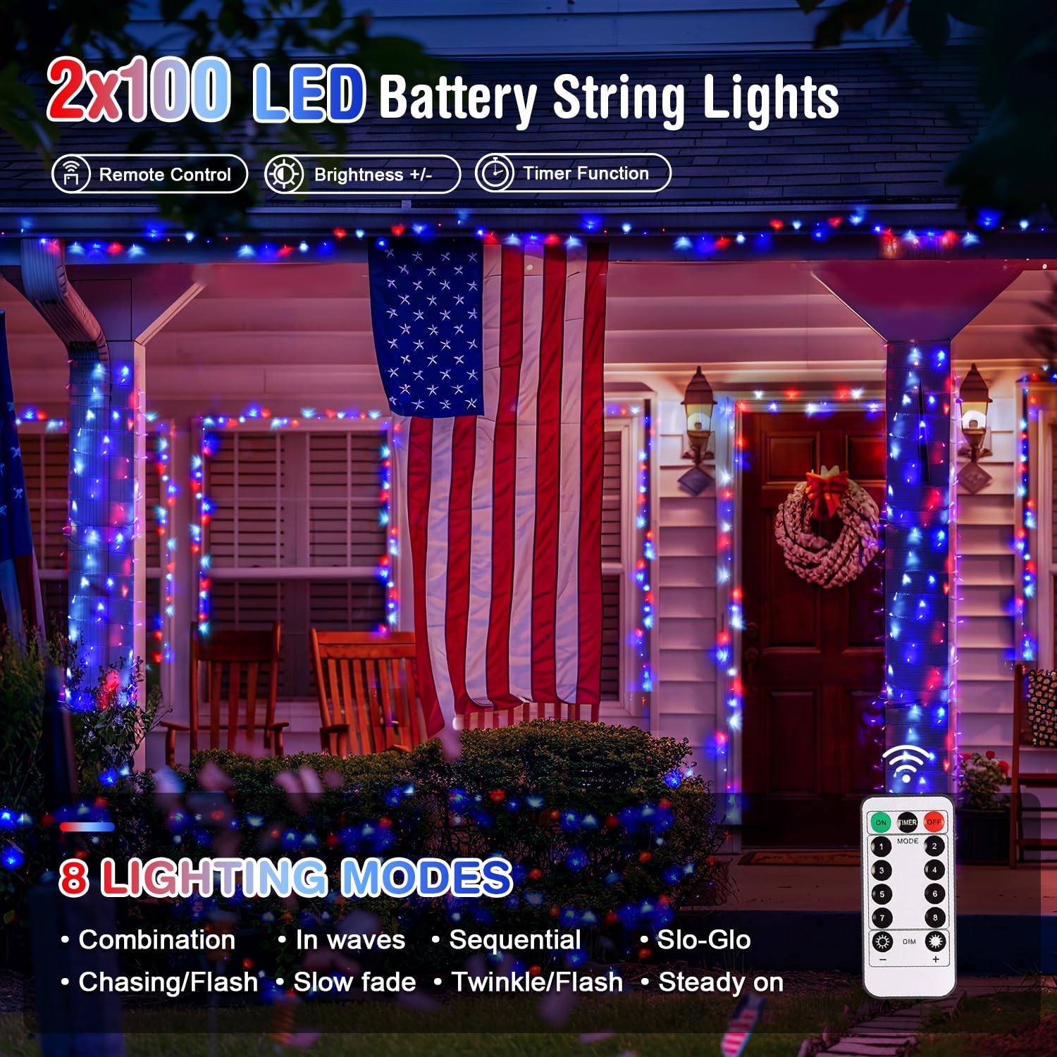 JMEXSUSS 2 Pack Outdoor LED Lights, 33ft 100 Lights, 8 Modes, Battery Operated, Red White Blue, Patriotic Decorations for Independence Day