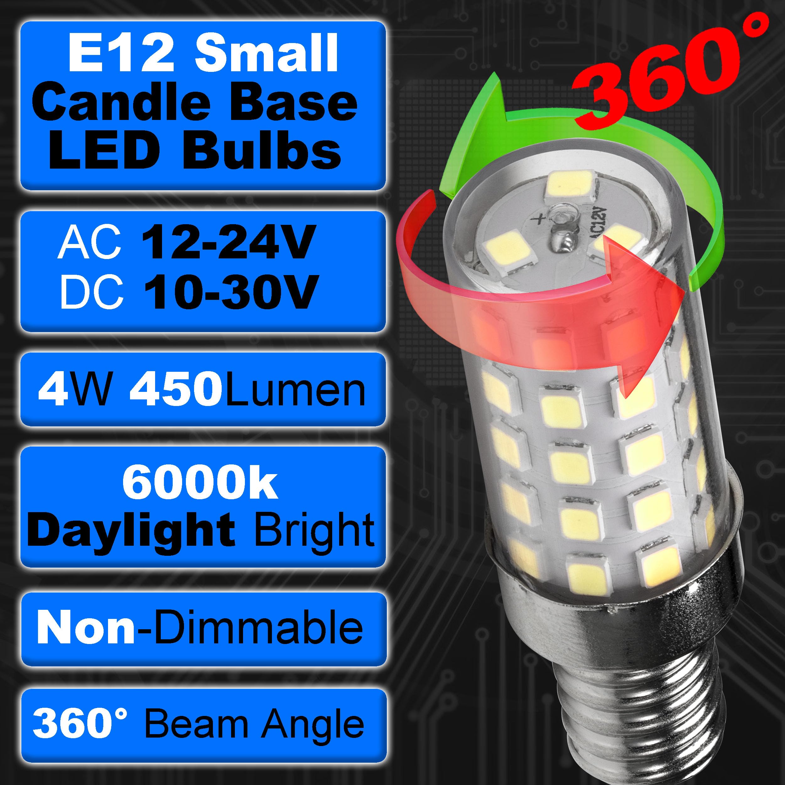 Hylroe 12V 40W E12 Led Candelabra Light Bulbs 4W Daylight White 6000K 450Lm Low Voltage Ac12-24V/Dc10-30V For Rv Camper Marine B