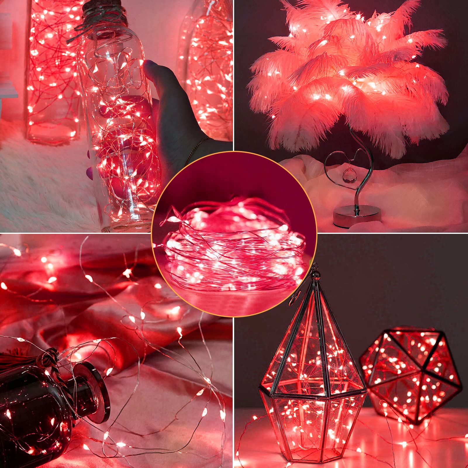 Camantu 12 Pack Led Fairy Lights Battery Operated, 7Ft 20Led Valentines Day Lights Battery Operated Waterproof Silver Wire For Diy Mason Jar Party Birthday Wedding Christmas Decorations(Red)