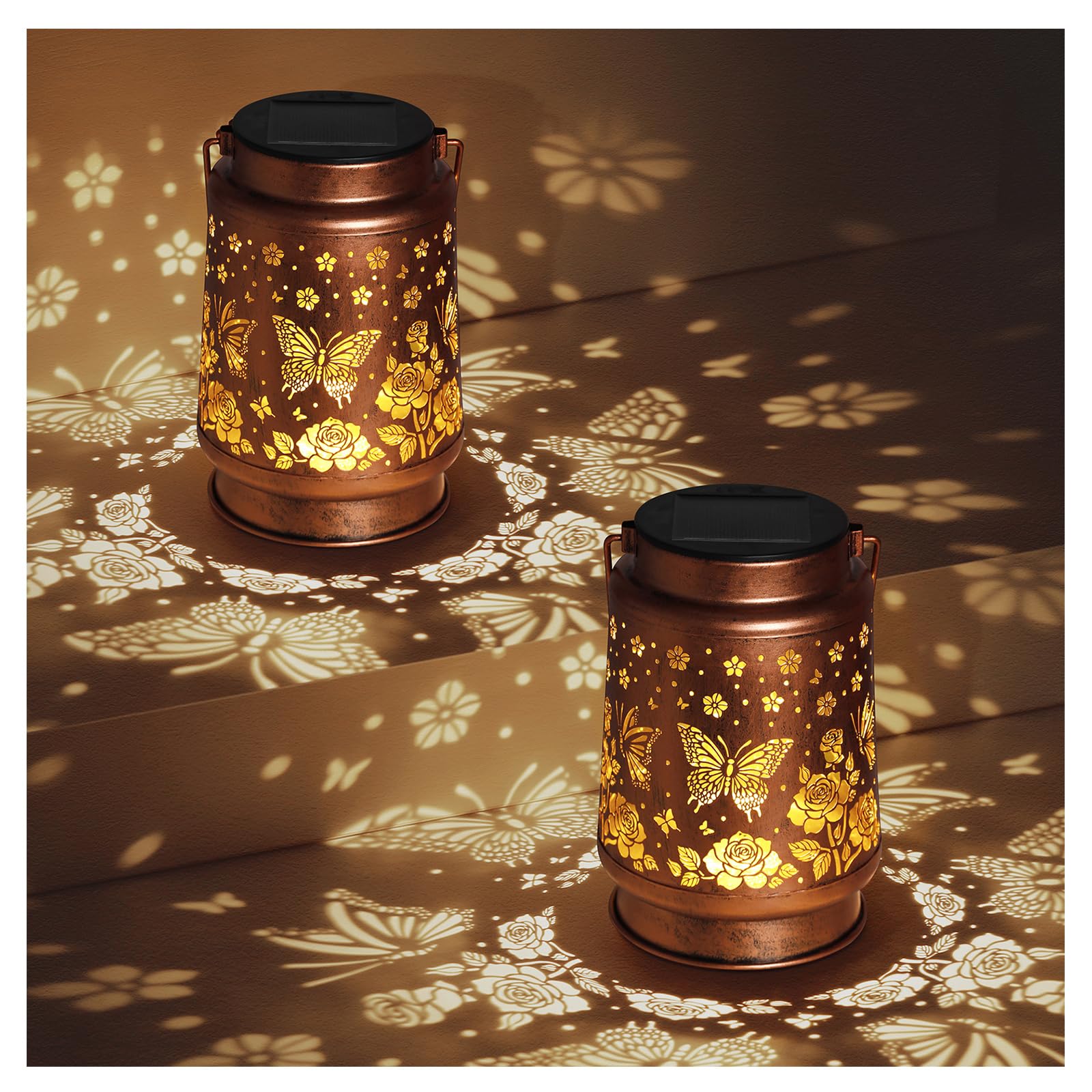 2 Pack Butterfly Solar Lanterns Outdoor Waterproof Rose Garden Decor Gifts For Women Mom Grandma Hanging Solar Lights Metal Lantern Decoration Outside For Yard Patio Backyard Porch