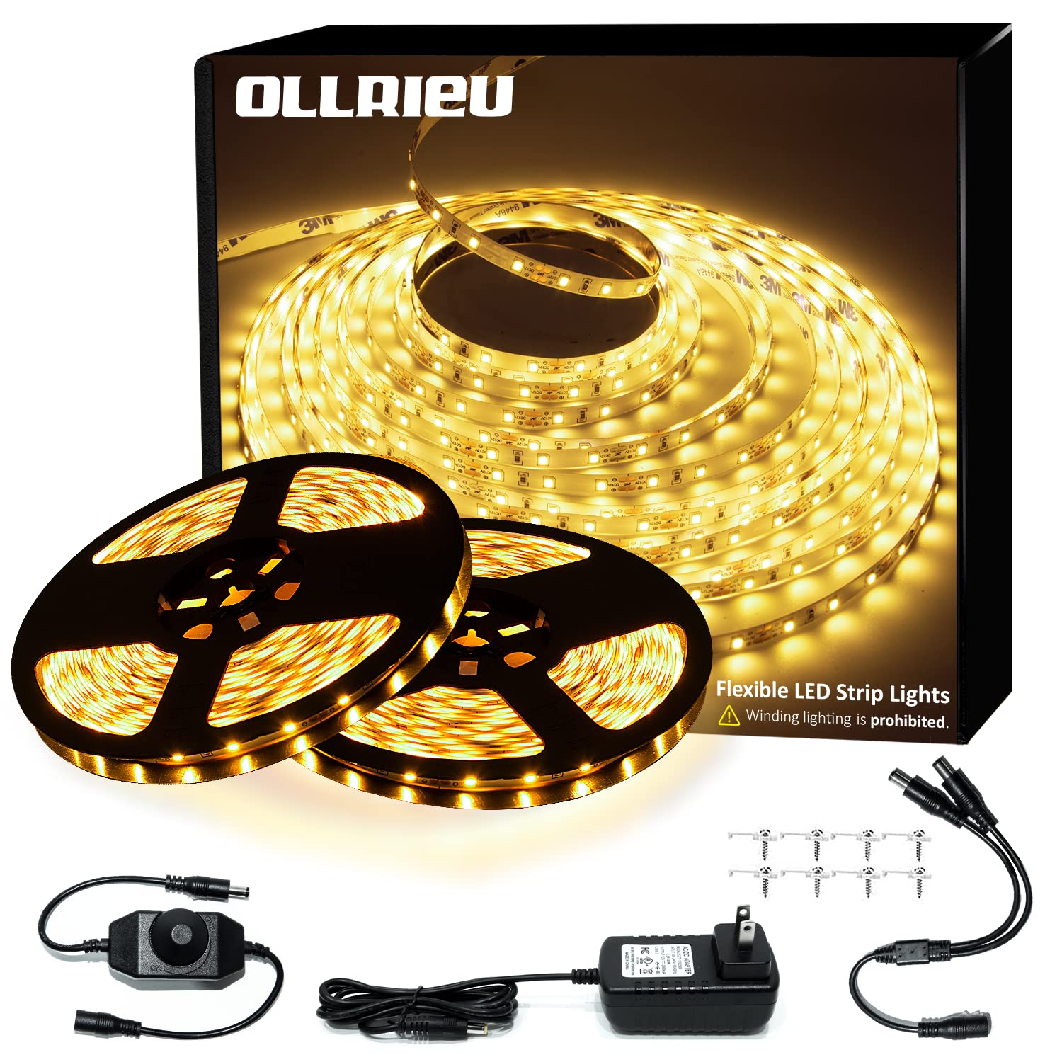 ollrieu LED Strip Lights 100ft Dimmable Warm White 3000K 12V Flexible Ribbon Light Model OL001030-02-US