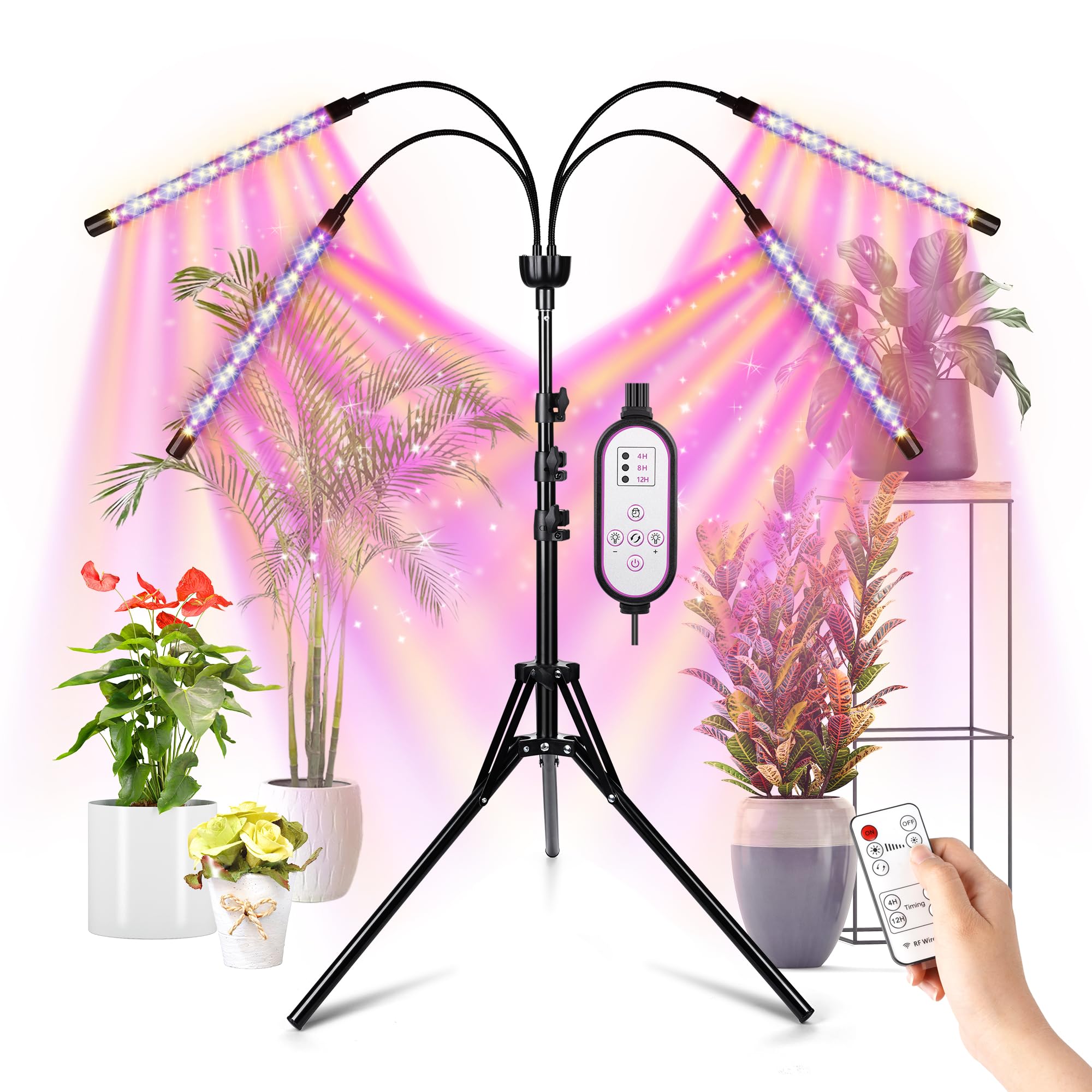 LED Grow Lights for Indoor Plants Full Spectrum with 15-63 inches Adjustable Tripod Stand, Red Blue White Floor Grow Lamp with 4/8/12H Timer with Remote Control