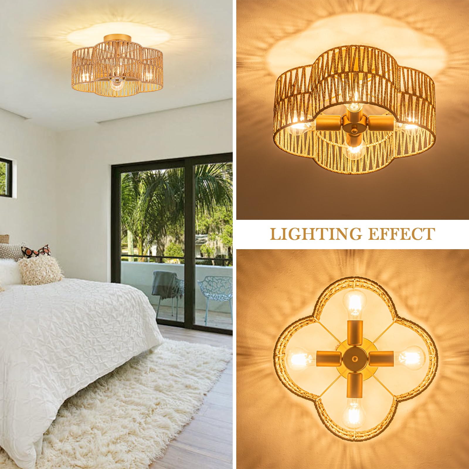 Sytpplan Rattan Light Fixtures Ceiling, 4-Lights Boho Semi Flush Mount Ceiling Light With Hand-Woven Shade, Wicker Light Fixture