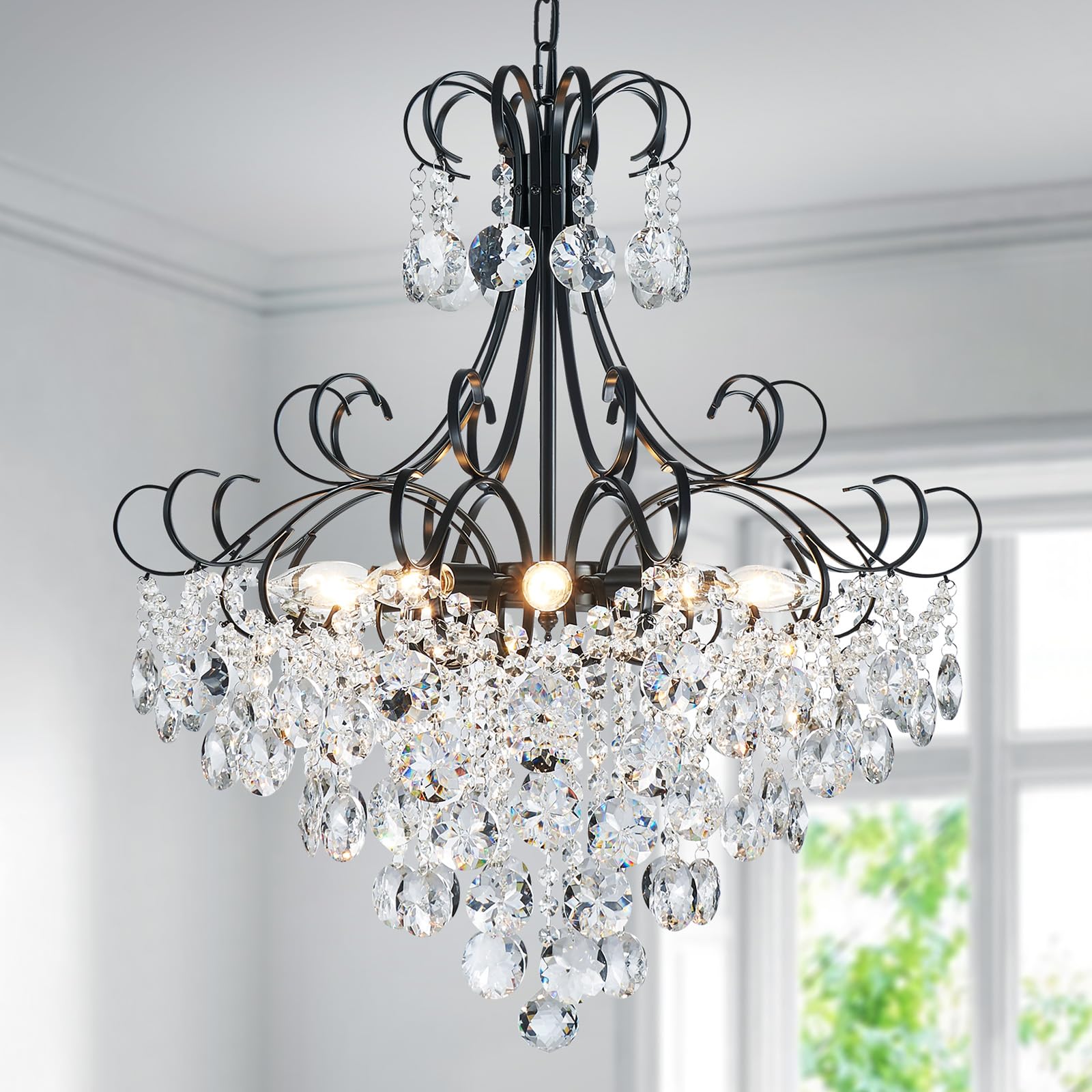 ANJIADENGSHI Crystal Chandelier, K9 Crystal Lighting, 28" High, 23" Wide, Black, Model CL-0019B, 10 E12 Bulbs
