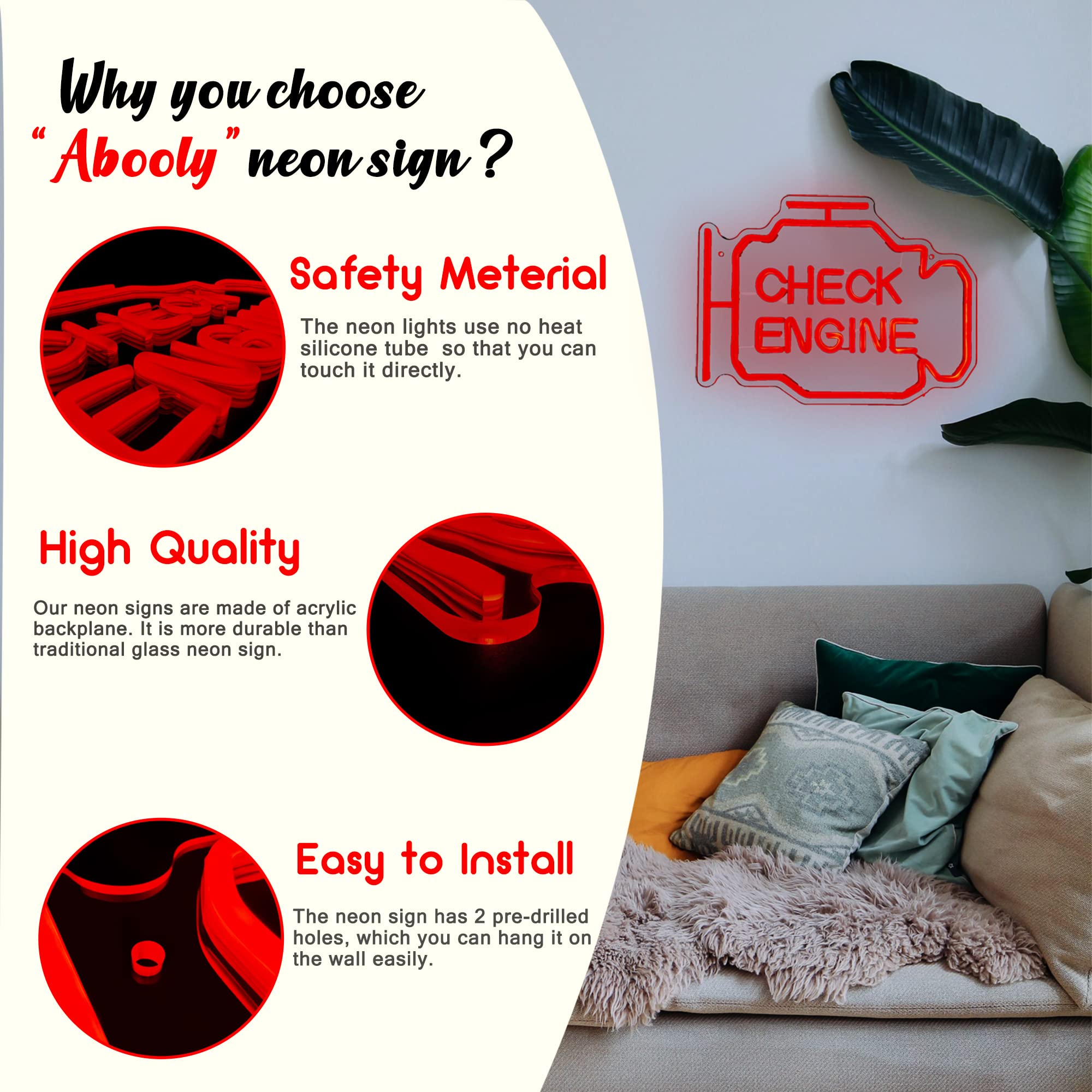 Abooly LED Neon Sign - Check Engine Wall Decor - Red - 15.7x11.8in - Custom Neon for Garage, Repair Shop, Gaming Room