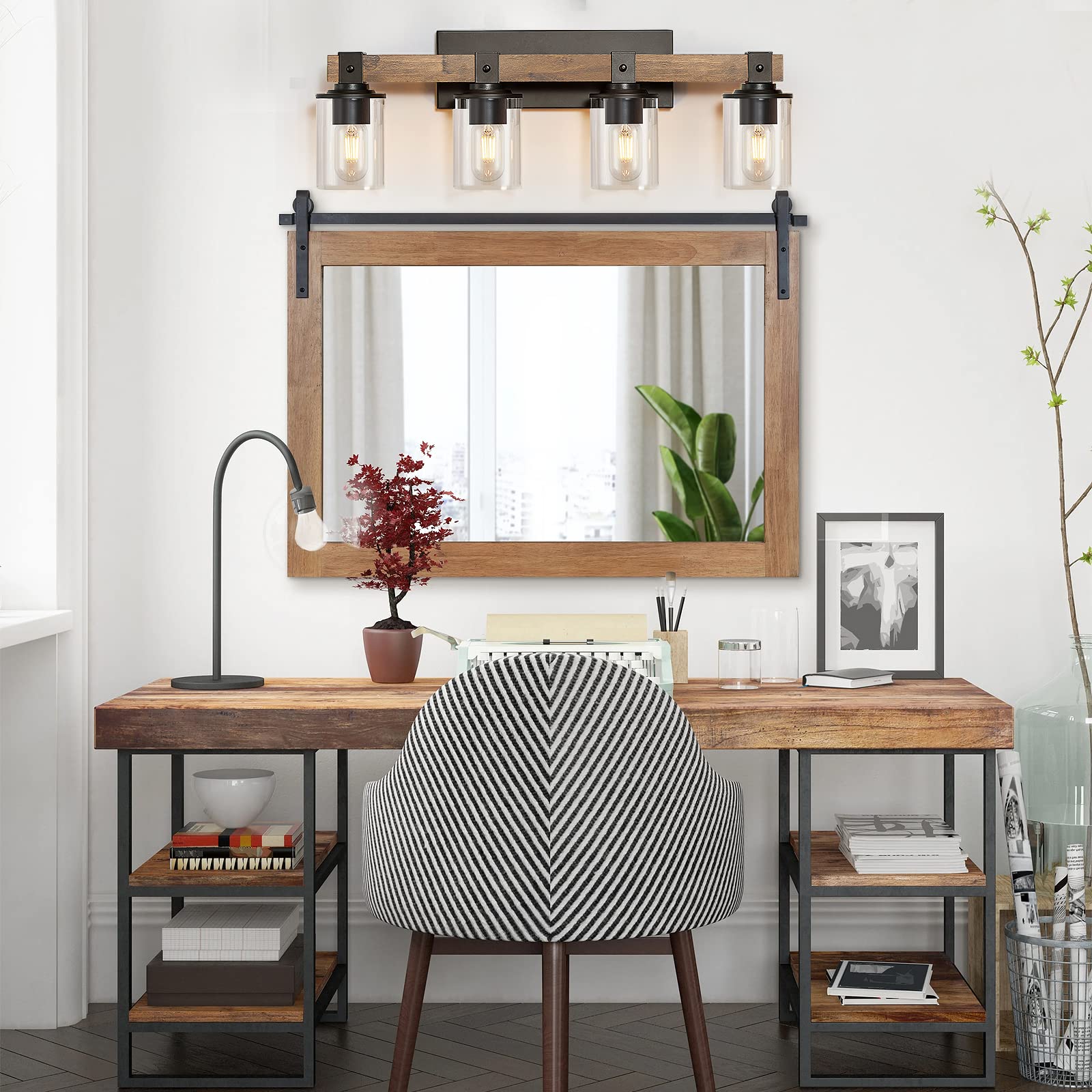 Dujahmland Farmhouse Vanity Light Fixture, Industrial 4-Light Wood Wall Sconce Bathroom Vanity Lighting With Clear Glass Lights