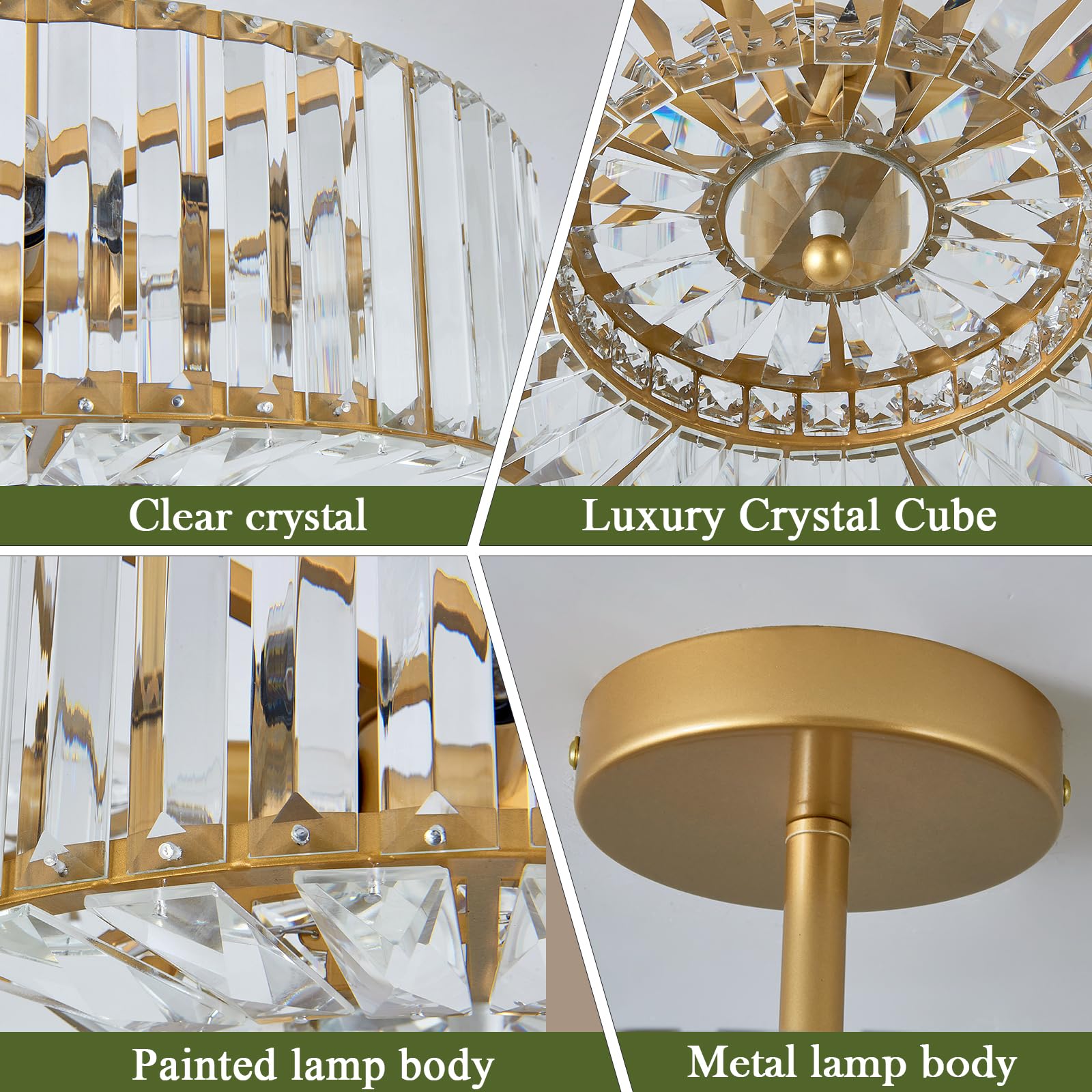 Piepooye Modern Crystal Chandelier, Gold Semi Flush Mount Fixture, Iron & Crystal, R-1230 for Dining Room, Living Room, Bedroom, Kitchen
