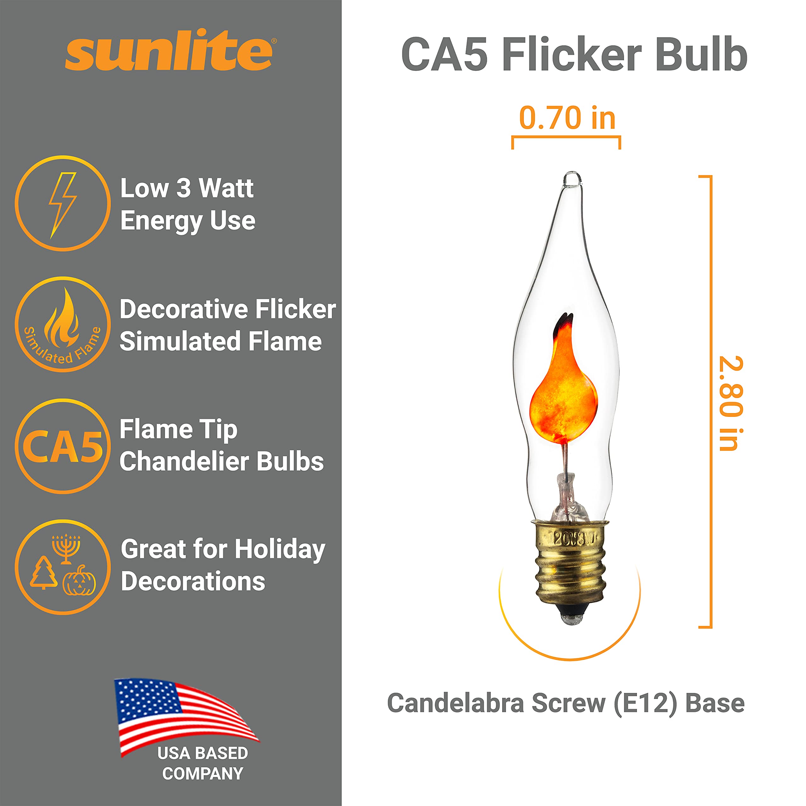 Sunlite Chandelier Light Bulb E12 Candelabra Base 3W Orange 12 Pack