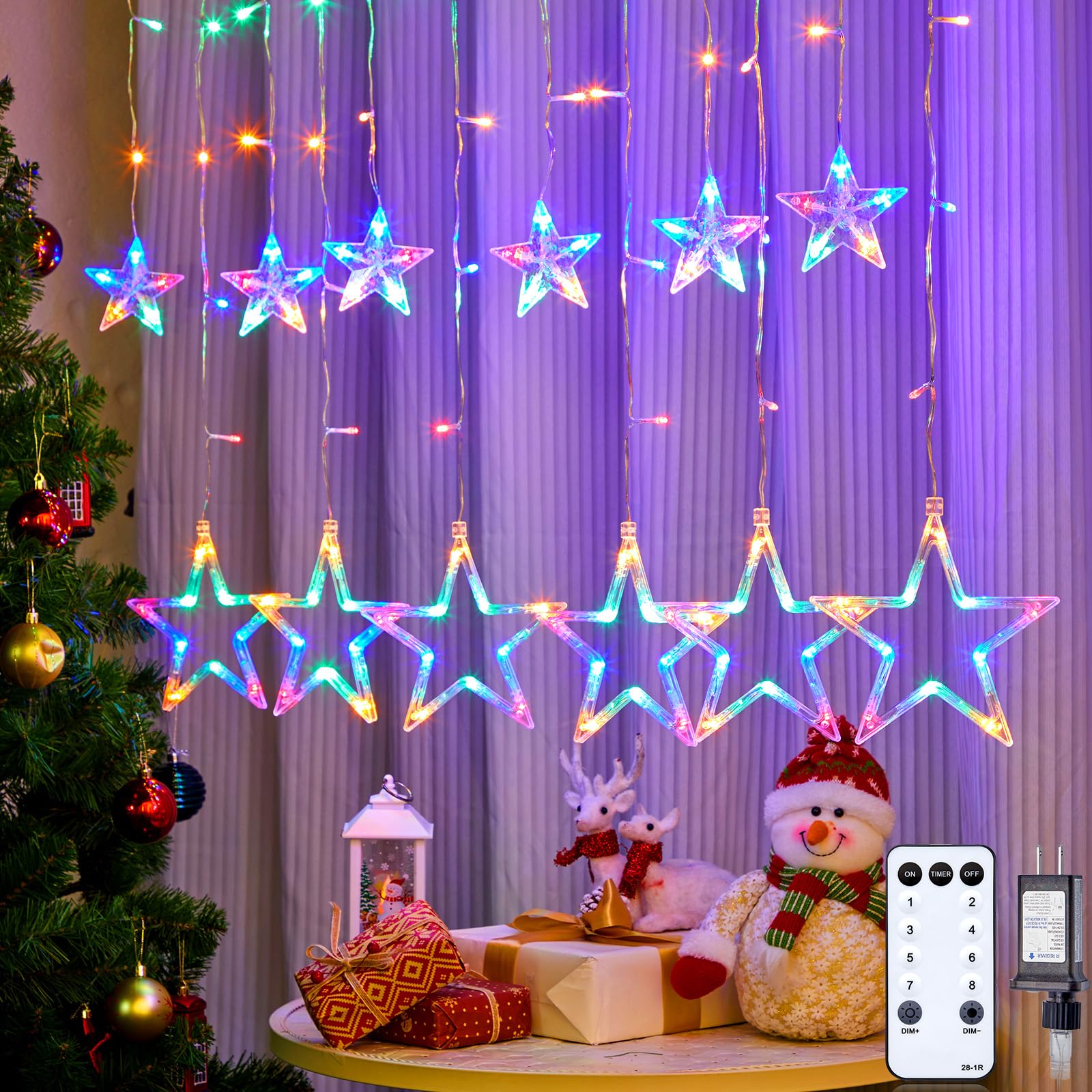 Minetom Star Curtain Lights - 138 LED 12 Star Christmas Window Lights with Remote and Timer, 8 Modes and Dimmable, Connectable S
